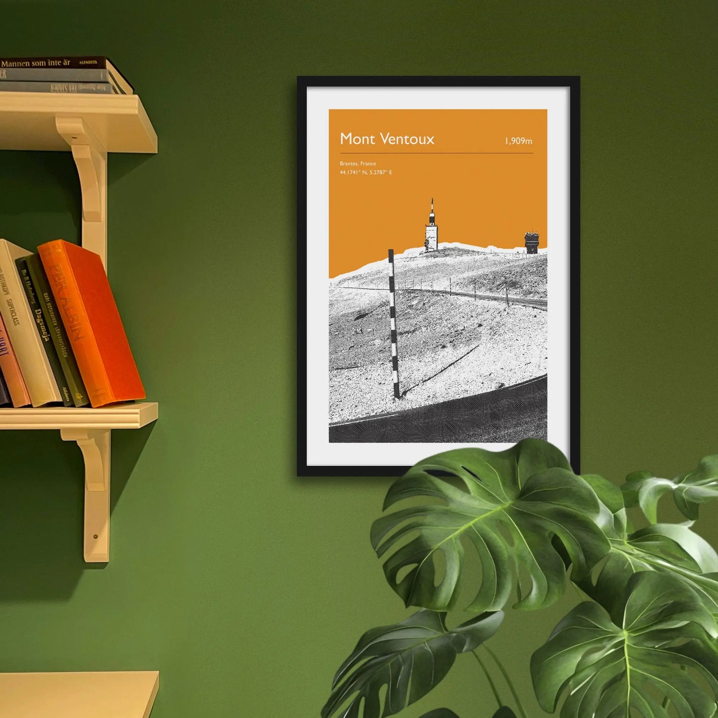 Framed art print on a green wall beside shelves.