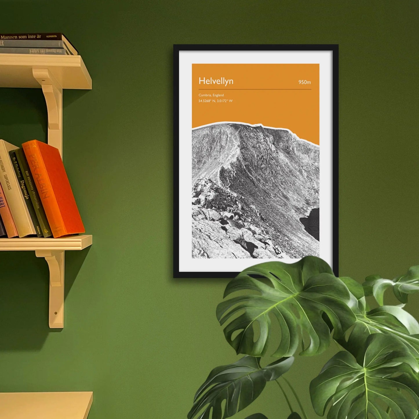 Framed art print on a green wall beside shelves.