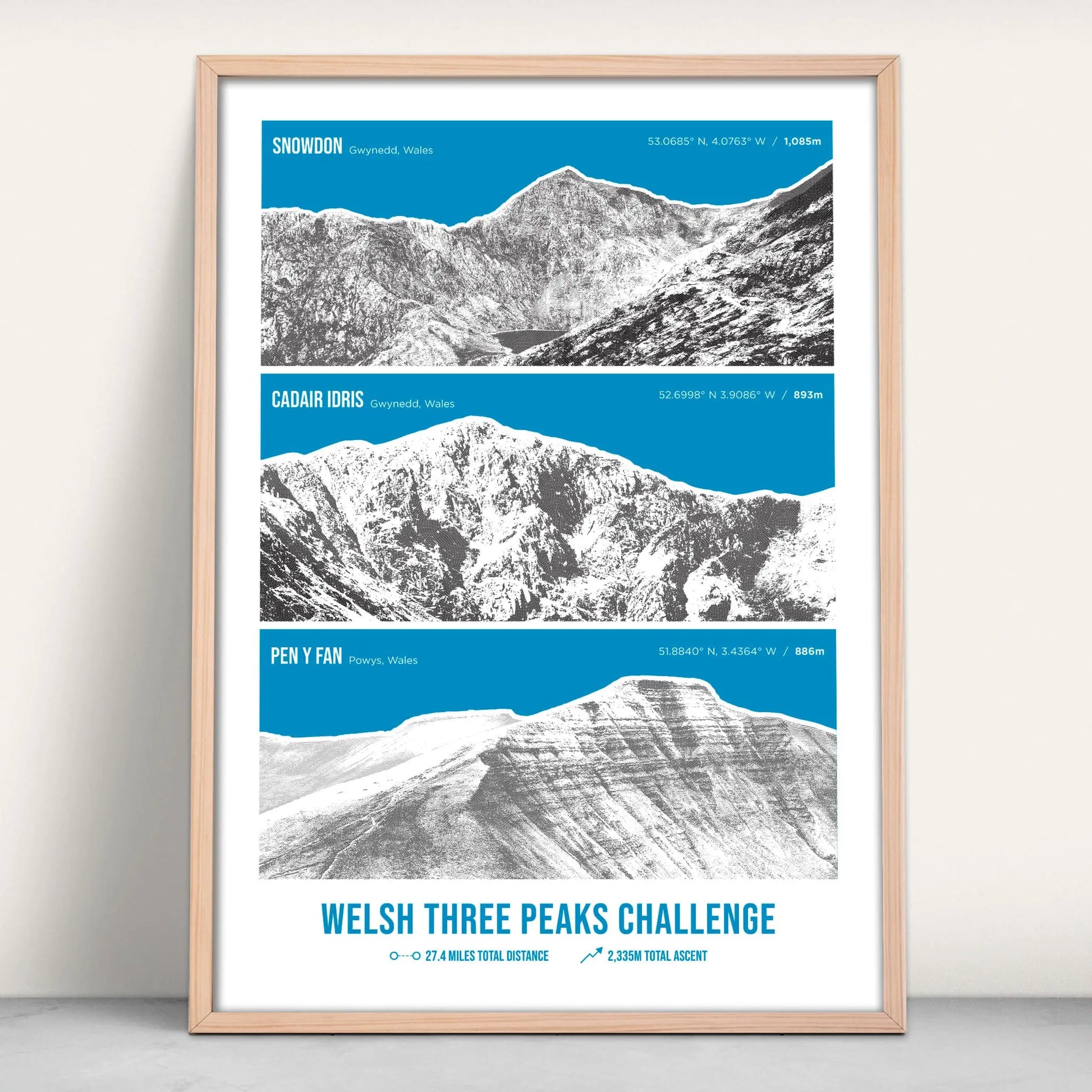 Welsh Three Peaks Challenge Personalised Art Print in blue from Purest Green Prints
