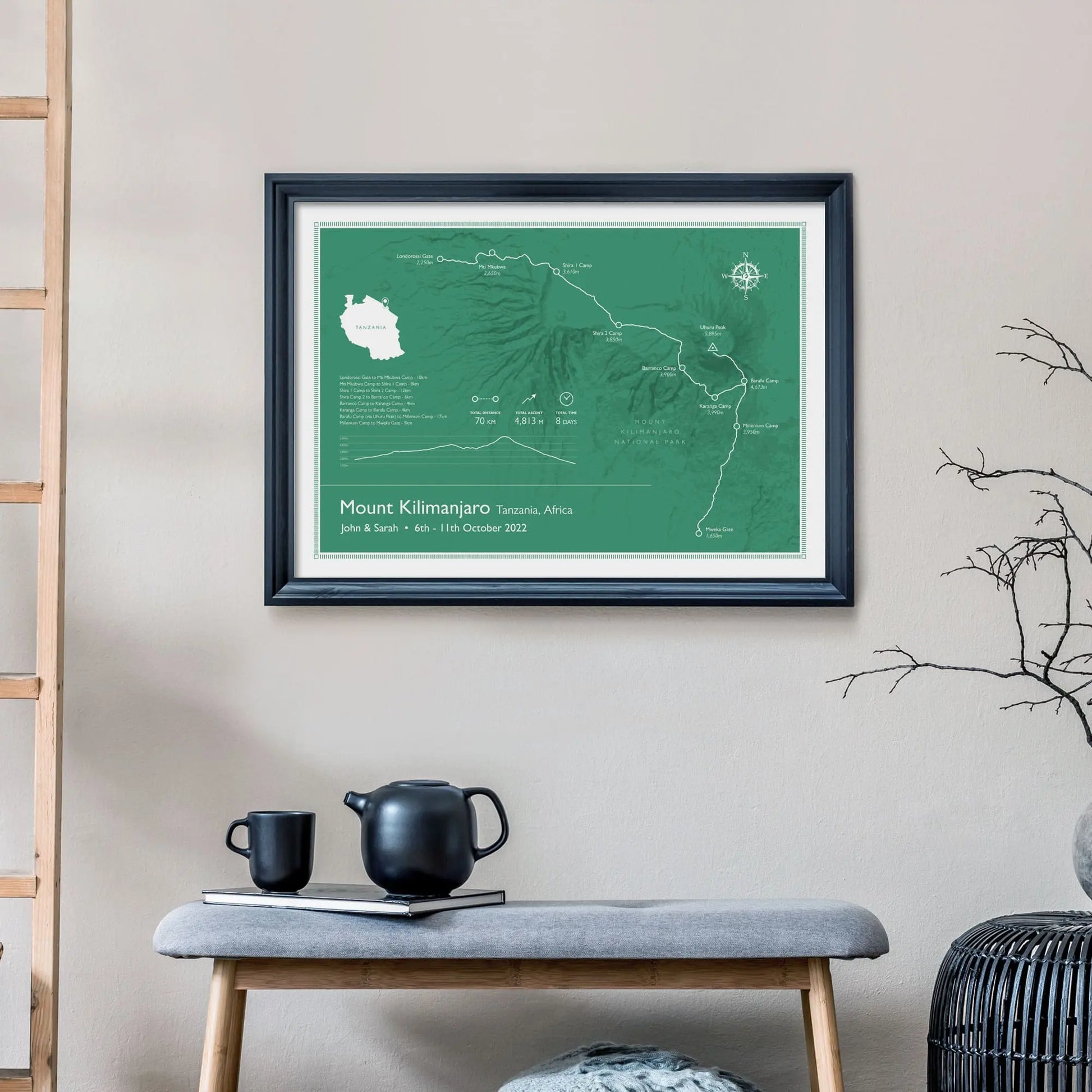 Print on wall above a padded bench