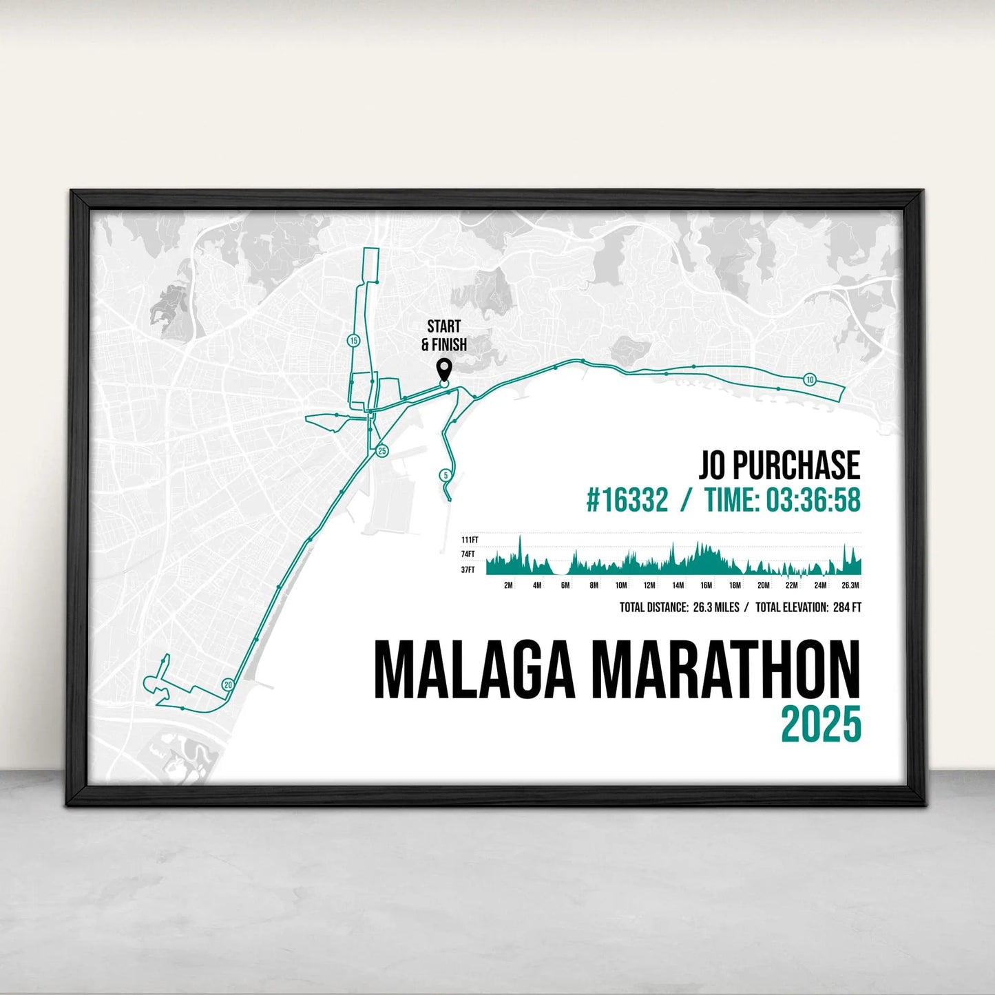 Personalised Malaga Marathon route map print in green from Purest Green Prints