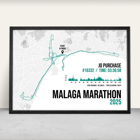Personalised Malaga Marathon route map print in green from Purest Green Prints