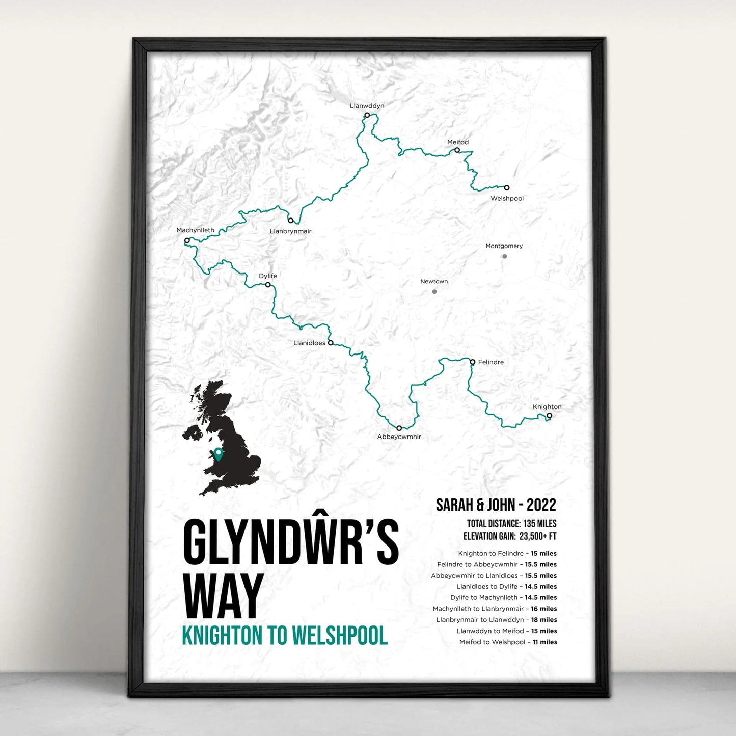 Glyndŵr's Way National Trail Map Art Print in teal from Purest Green Prints