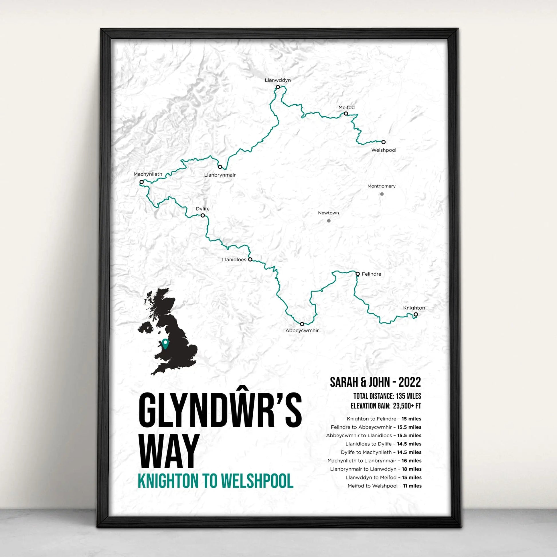 Glyndŵr's Way National Trail Map Art Print in teal from Purest Green Prints