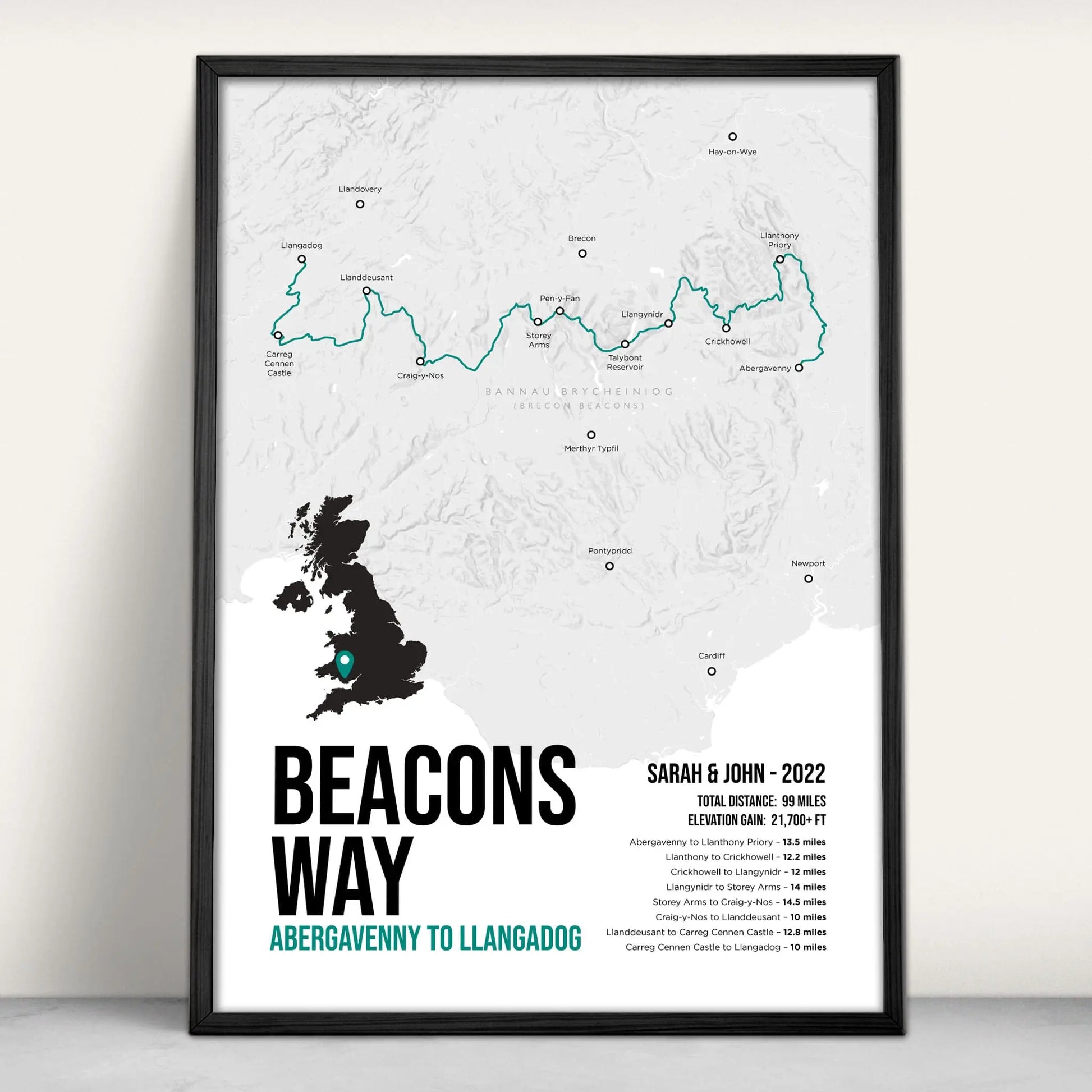 Personalised Brecons Way Trail Map Art Print in teal from Purest Green Prints
