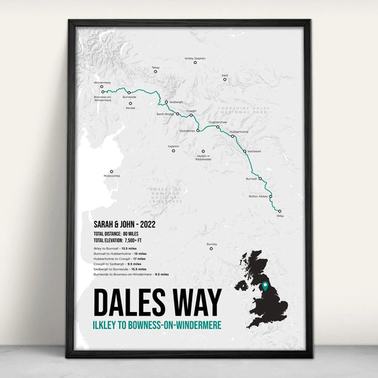 Personalised Dales Way Trail Map Art Print in teal from Purest Green Prints