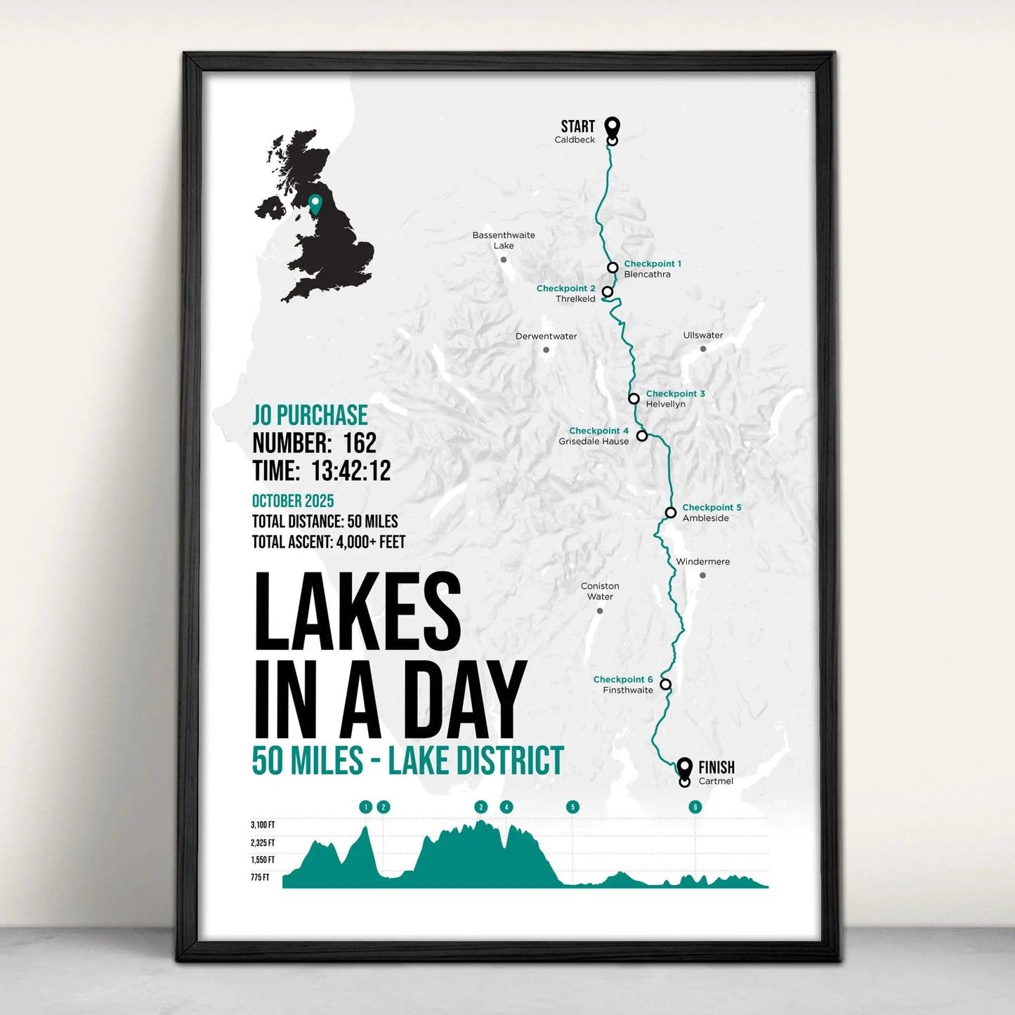 Lakes in a Day Ultra Marathon Personalised Art Print in green from Purest Green Prints