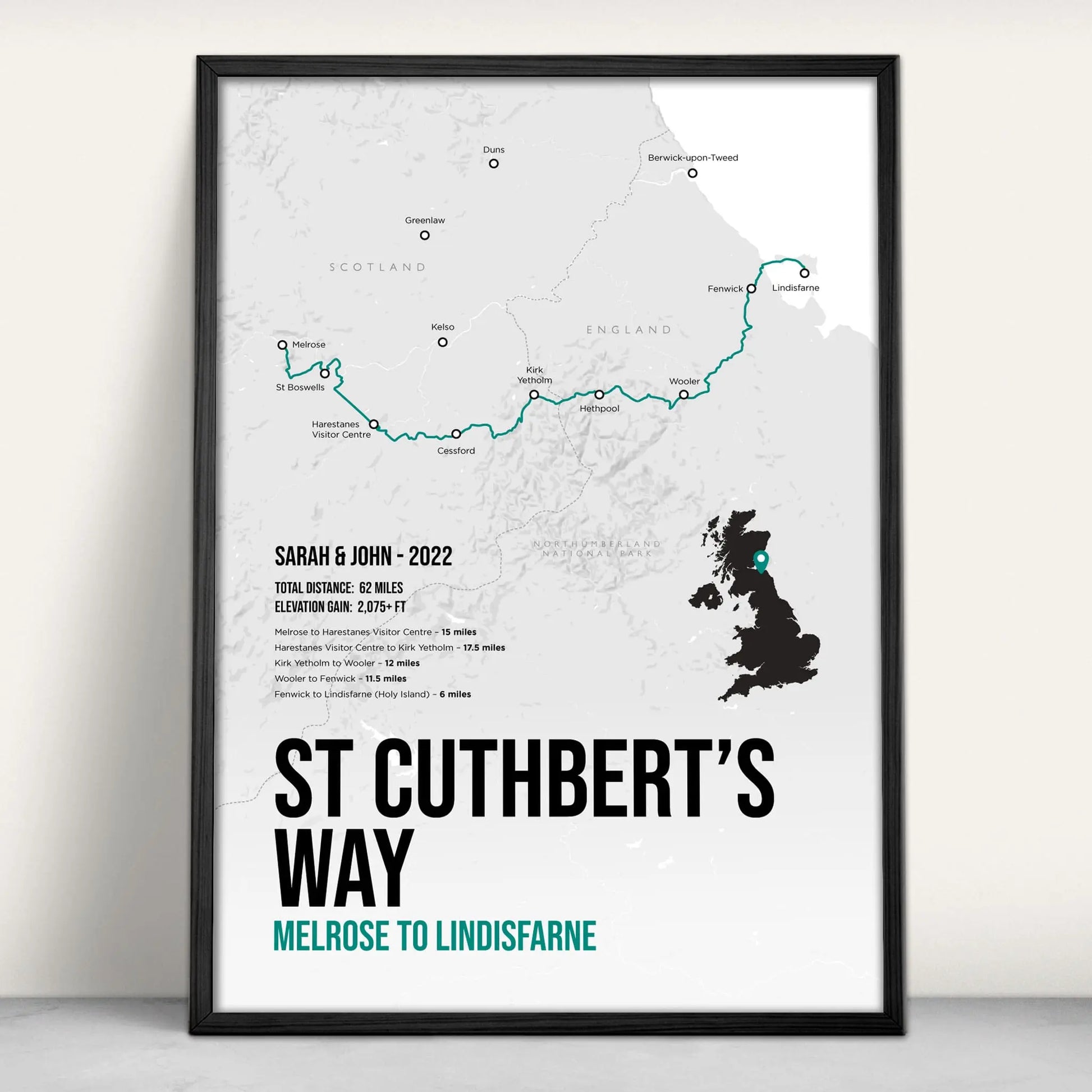 St Cuthbert's Way Scottish Trail Map Art Print in teal from Purest Green Prints.