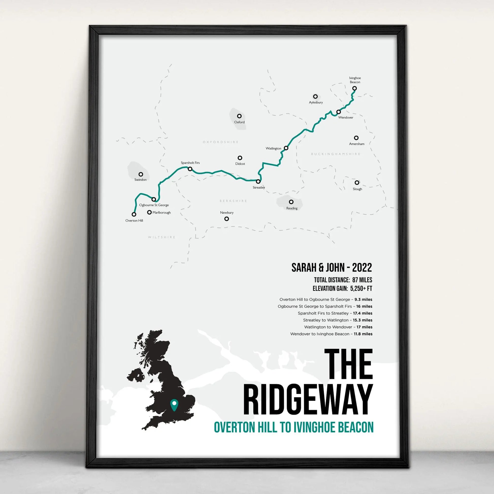 Ridgeway National Trail Path Map Art Print in teal from Purest Green Prints