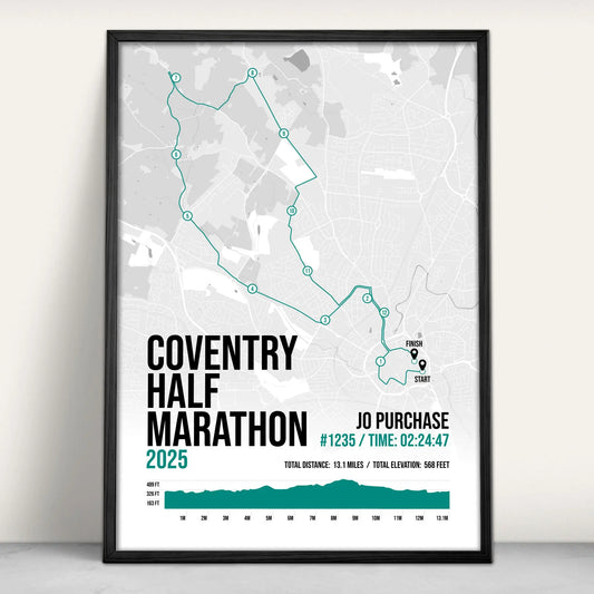 Personalised Coventry Half Marathon Art Print in green from Purest Green Prints.