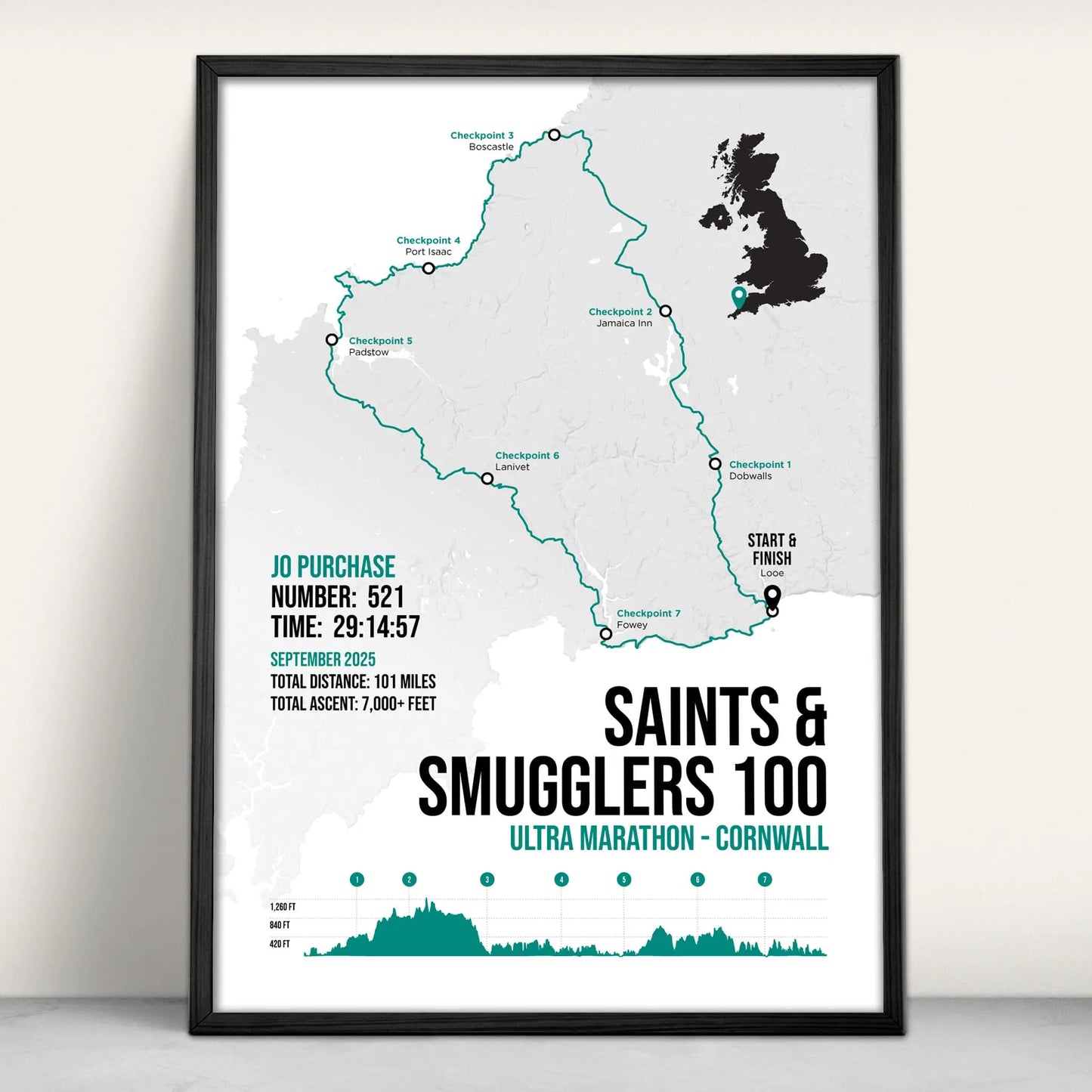 Saints and Smugglers 100 Ultra Marathon Personalised Art Print in green from Purest Green Prints