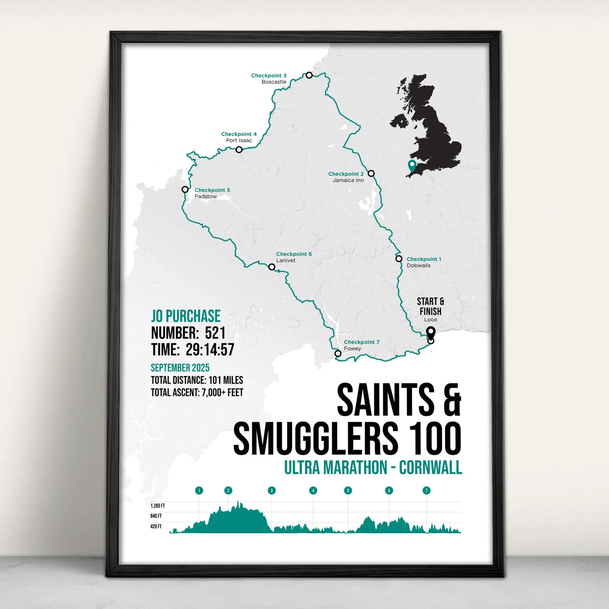 Saints and Smugglers 100 Ultra Marathon Personalised Art Print in green from Purest Green Prints