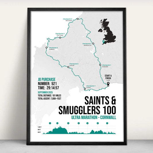 Saints and Smugglers 100 Ultra Marathon Personalised Art Print in green from Purest Green Prints