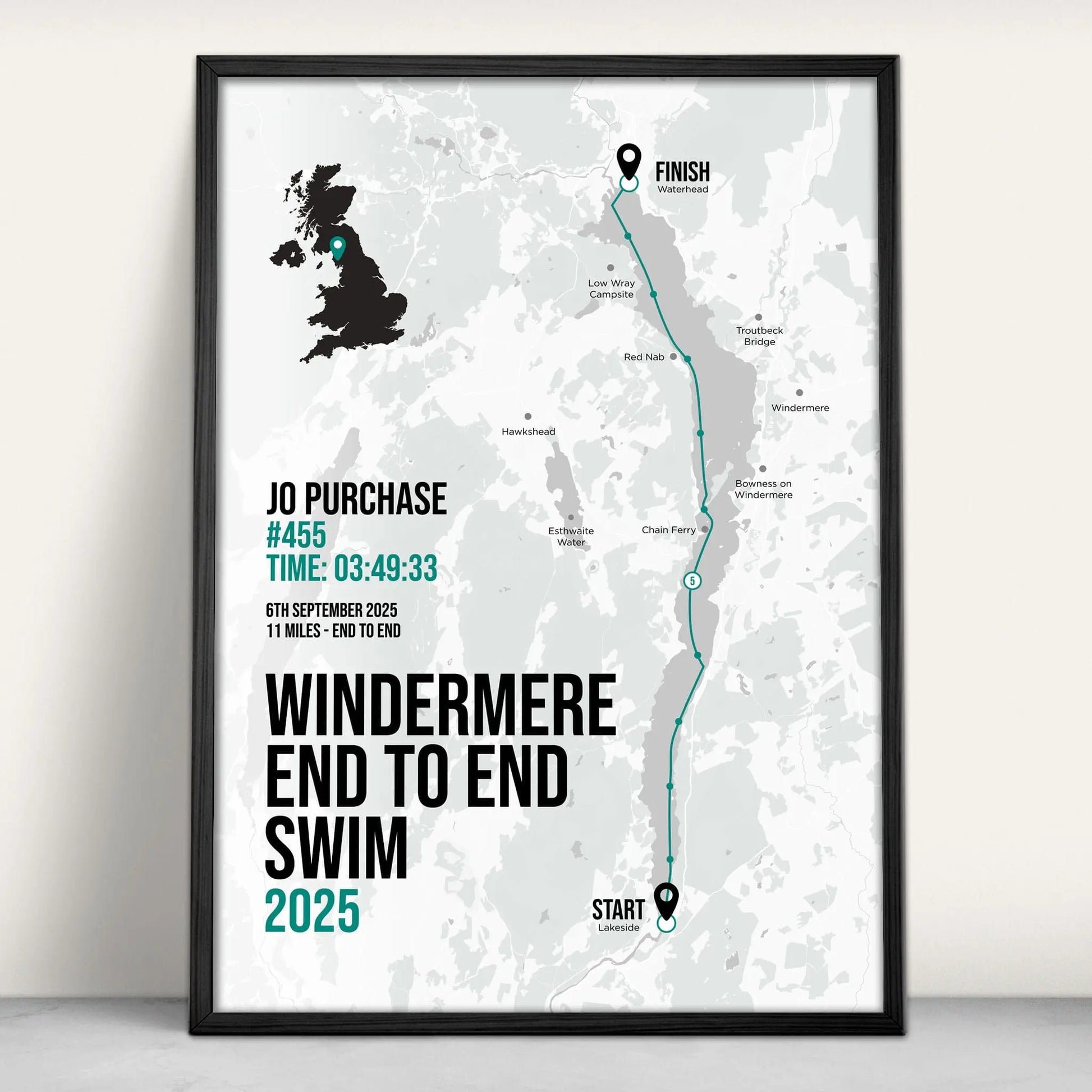 Lake Windermere end to end swim Personalised Art Print in green from Purest Green Prints