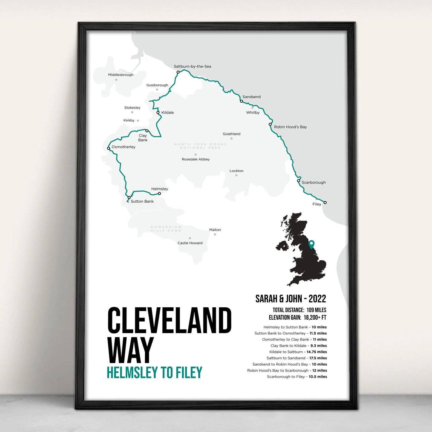 Cleveland Way National Trail Path Map Art Print in teal from Purest Green Prints