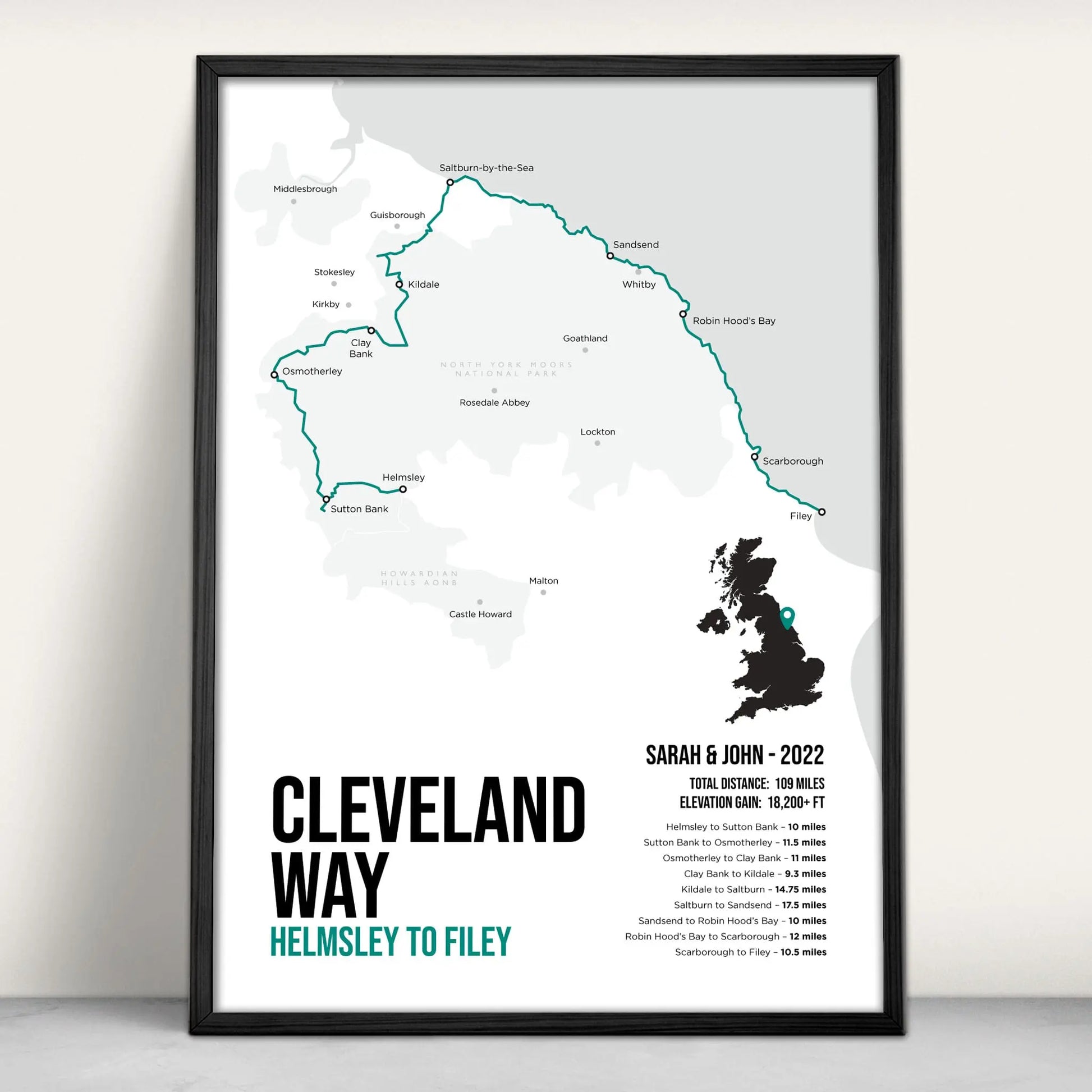 Cleveland Way National Trail Path Map Art Print in teal from Purest Green Prints