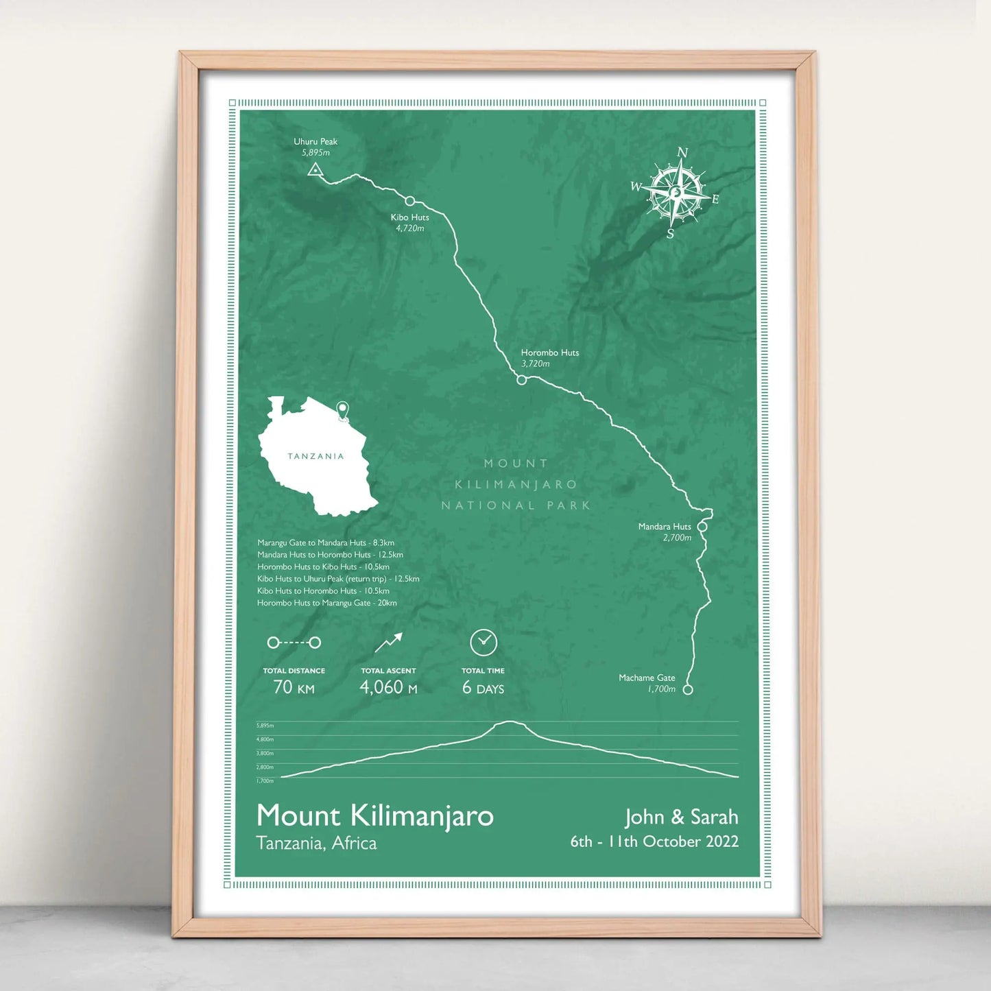 Personalised Mount Kilimanjaro art print in green from Purest Green Prints.