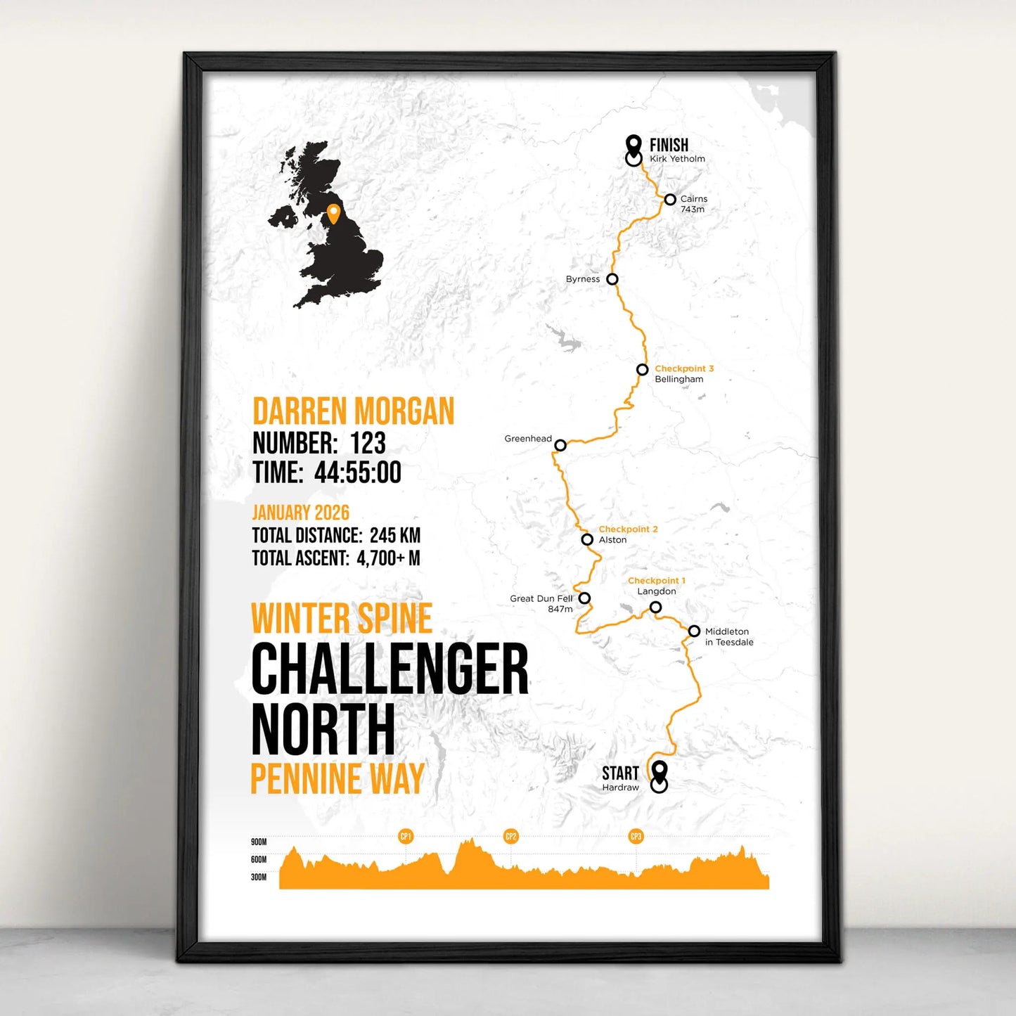 The Spine Race Challenger North Personalised Art Print in orange from Purest Green Prints