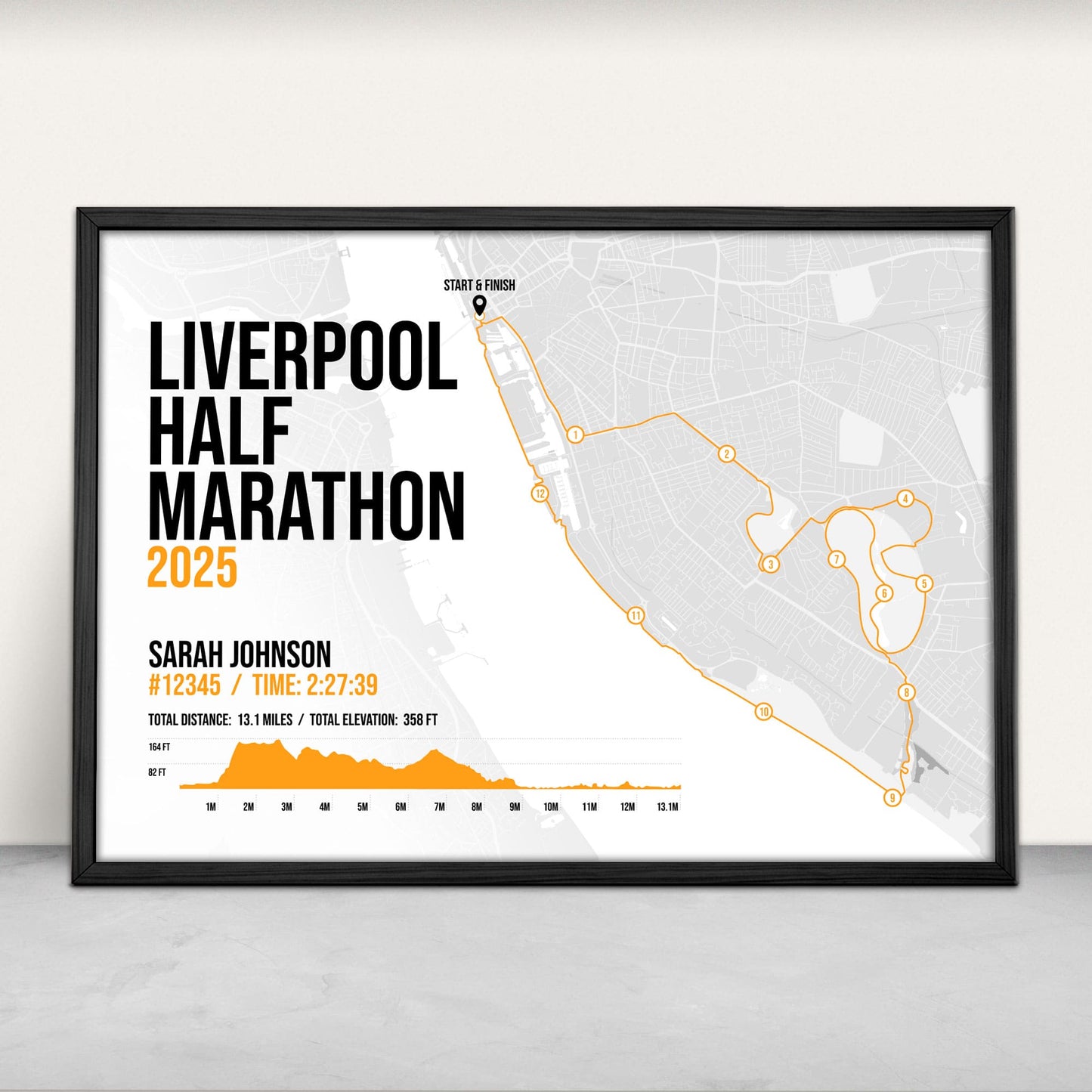 Liverpool Half Marathon Personalised Art Print in orange from Purest Green Prints.
