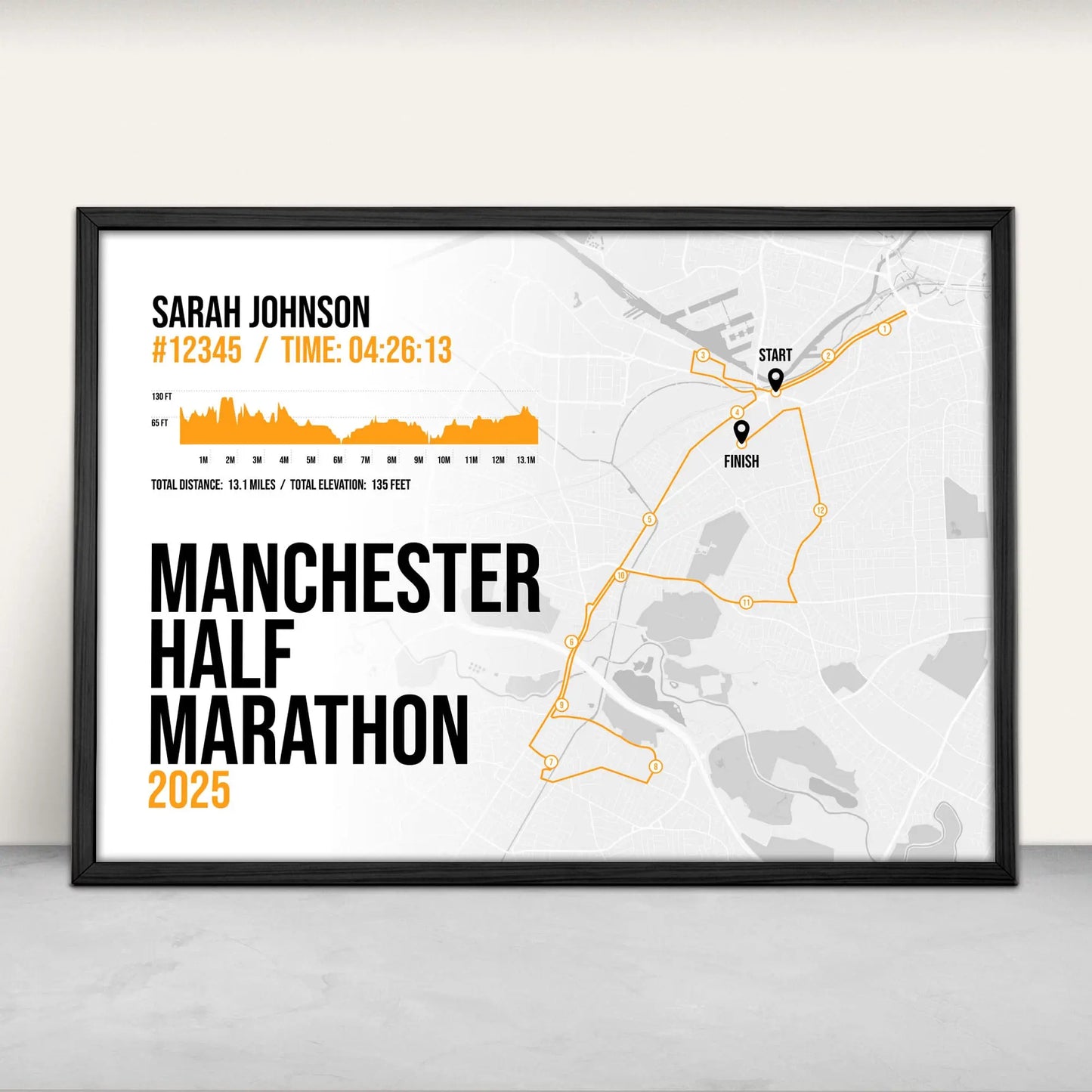 Personalised Manchester Half Marathon Art Print in orange from Purest Green Prints.