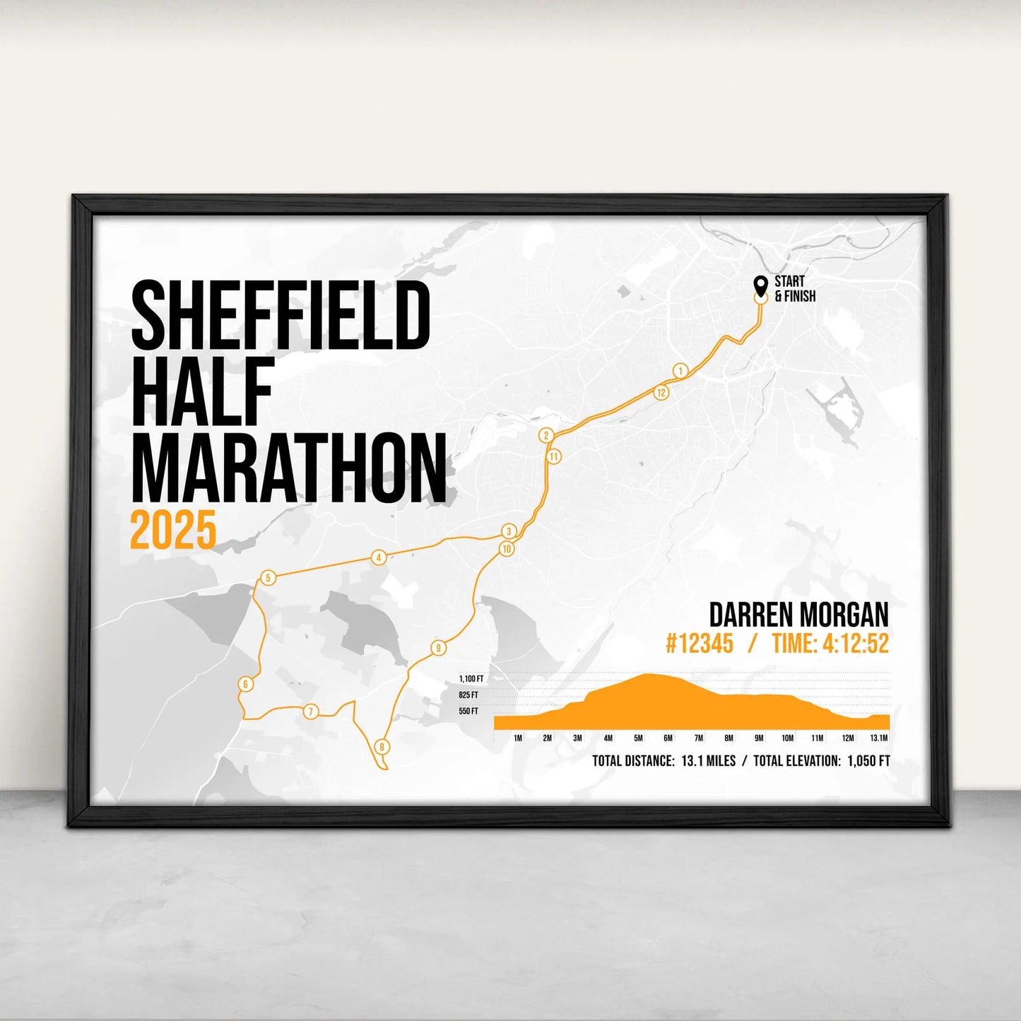 Sheffield Half Marathon Personalised Art Print in orange from Purest Green Prints.