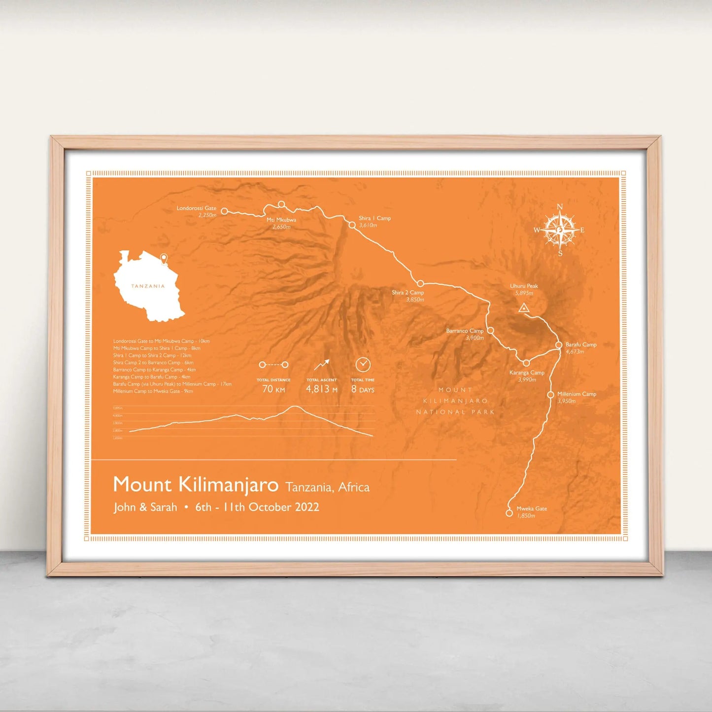 Personalised Mount Kilimanjaro art print in orange from Purest Green Prints.
