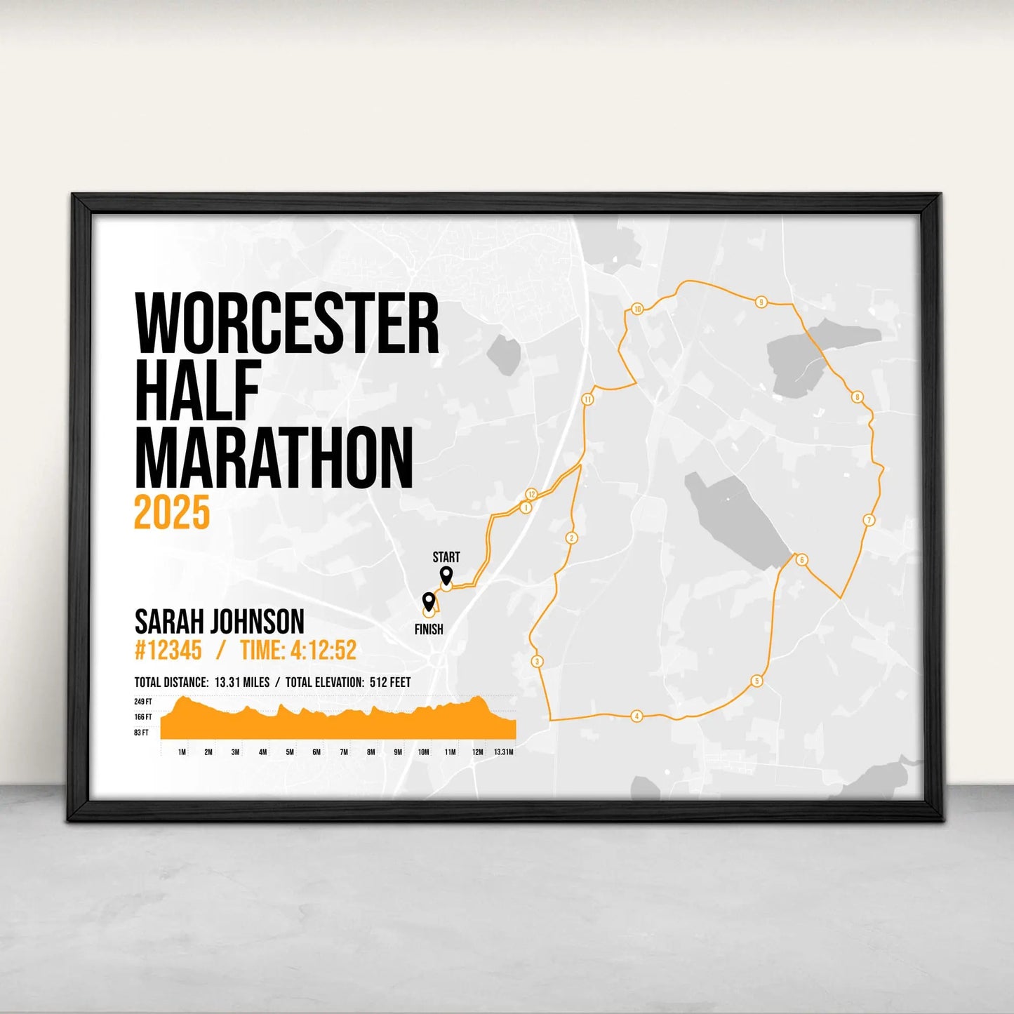 Personalised Worcester Half Marathon Art Print in orange from Purest Green Prints