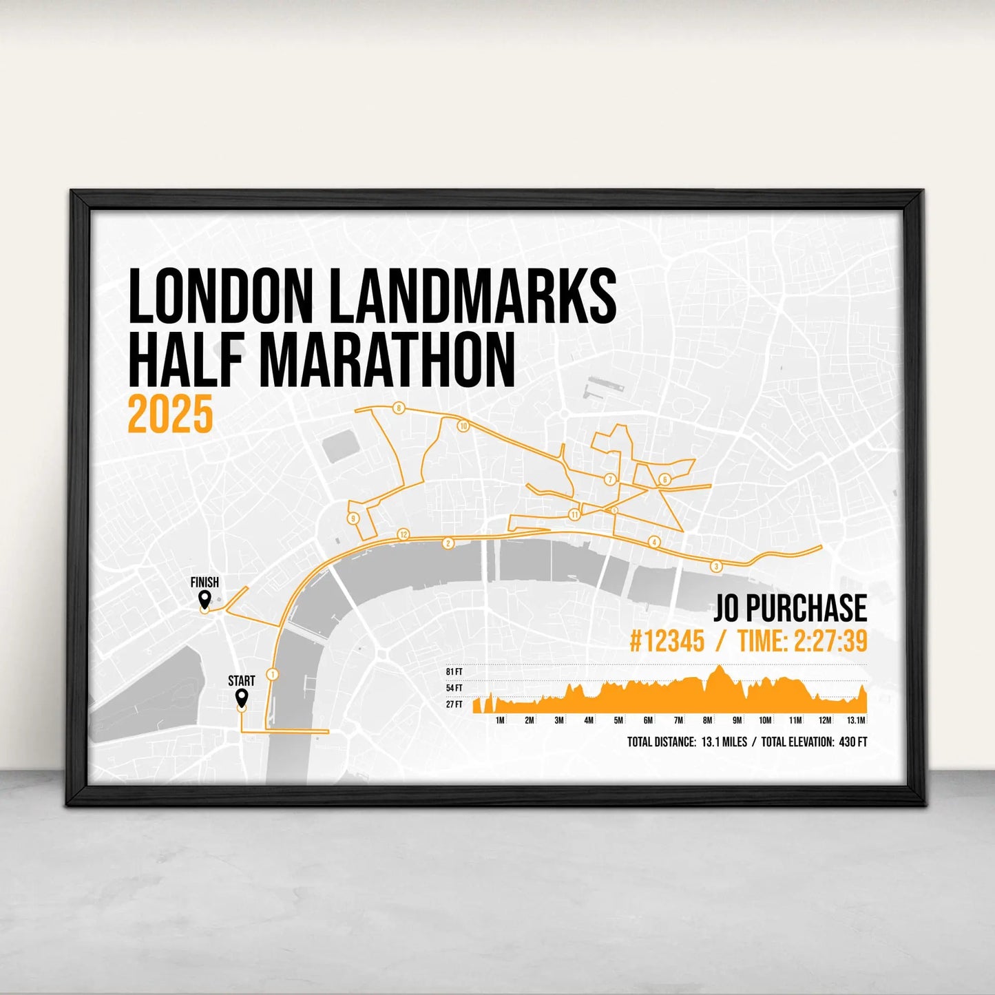 London Landmarks Half Marathon Personalised Art Print in orange from Purest Green Prints.