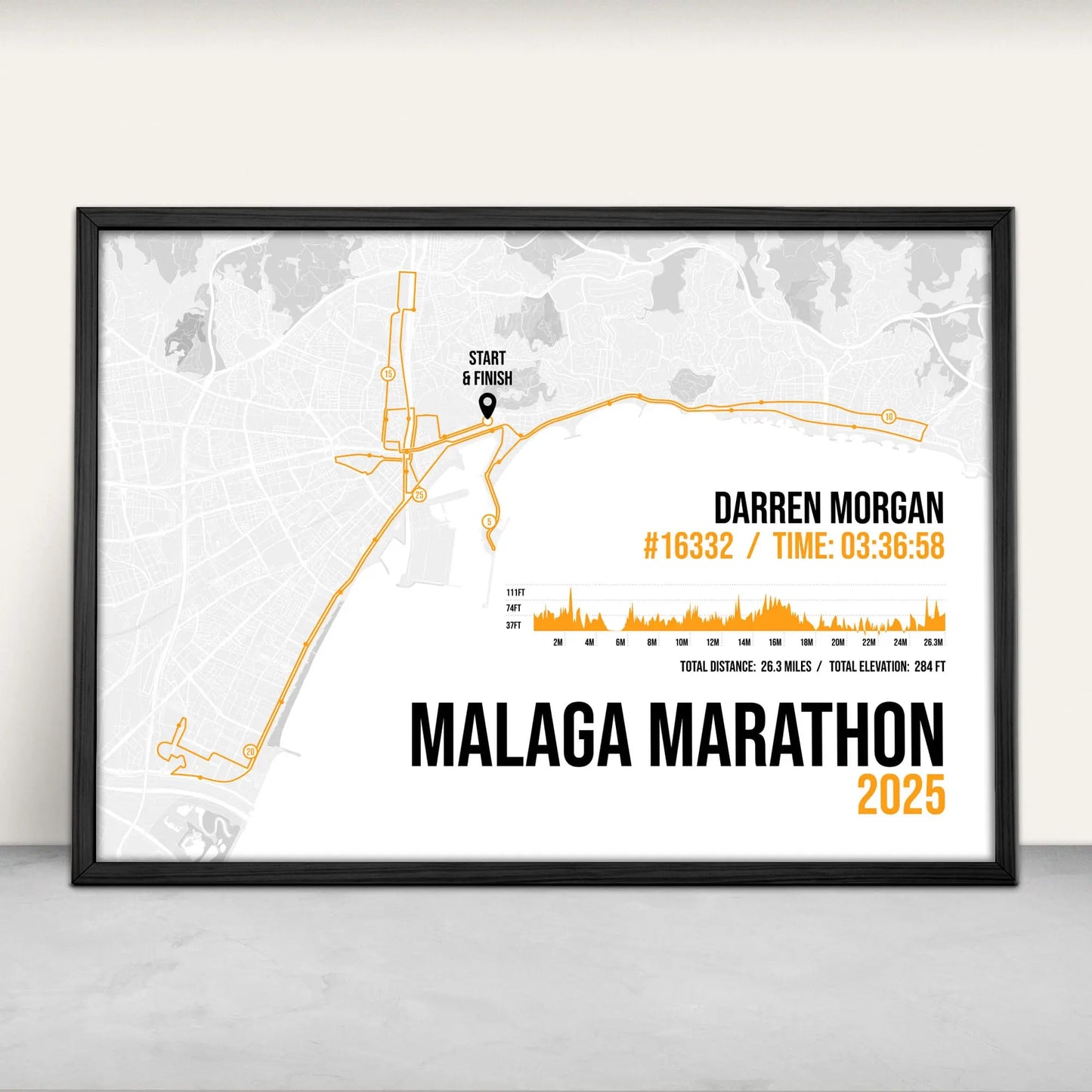 Personalised Malaga Marathon route map print in orange from Purest Green Prints