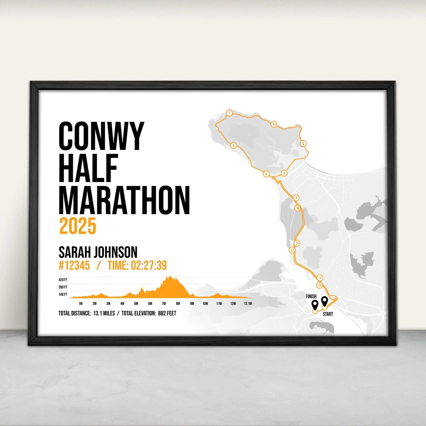 Personalised Conwy Half Marathon Print in orange from Purest Green Prints