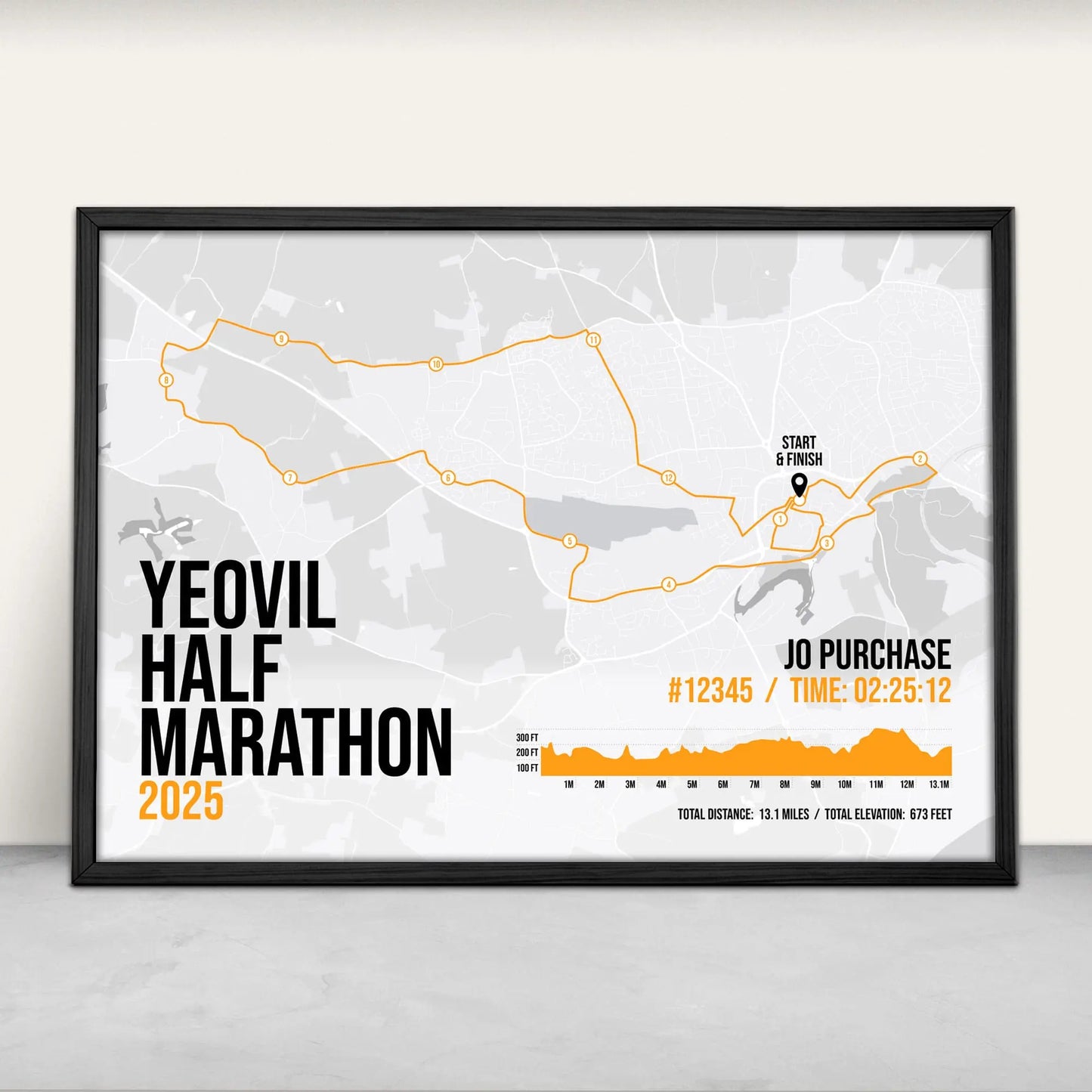 Personalised Yeovil Half Marathon Art Print in orange from Purest Green Prints.