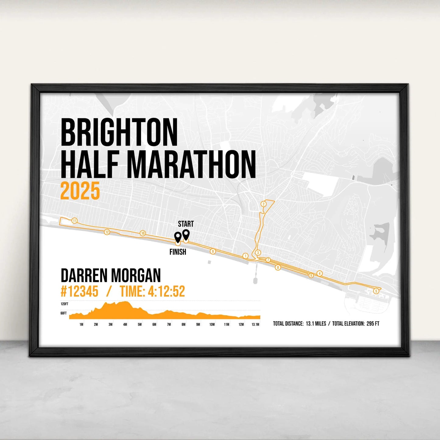 Brighton Half Marathon Personalised Art Print in orange from Purest Green Prints.