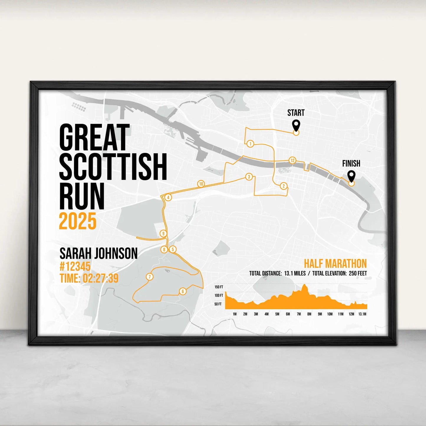 Personalised Great Scottish Run Half Marathon route map print in orange from Purest Green Prints