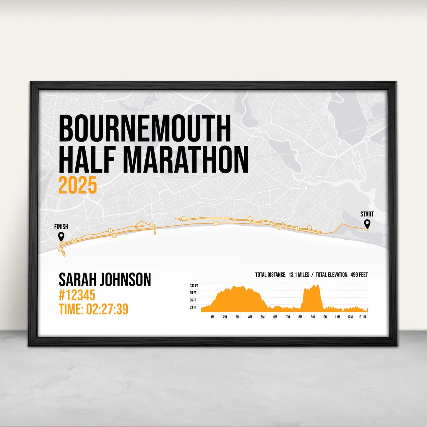 Personalised Bournemouth Half Marathon Art Print in orange from Purest Green Prints.