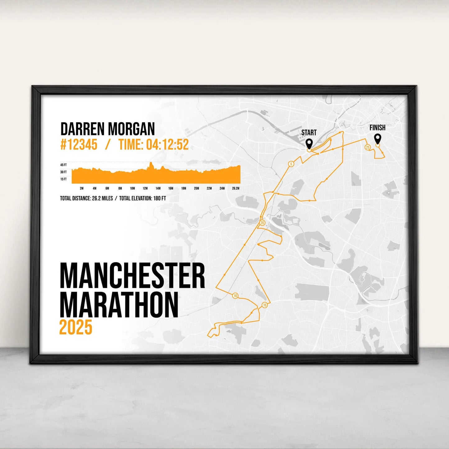 Personalised Manchester Marathon Art Print in orange from Purest Green Prints