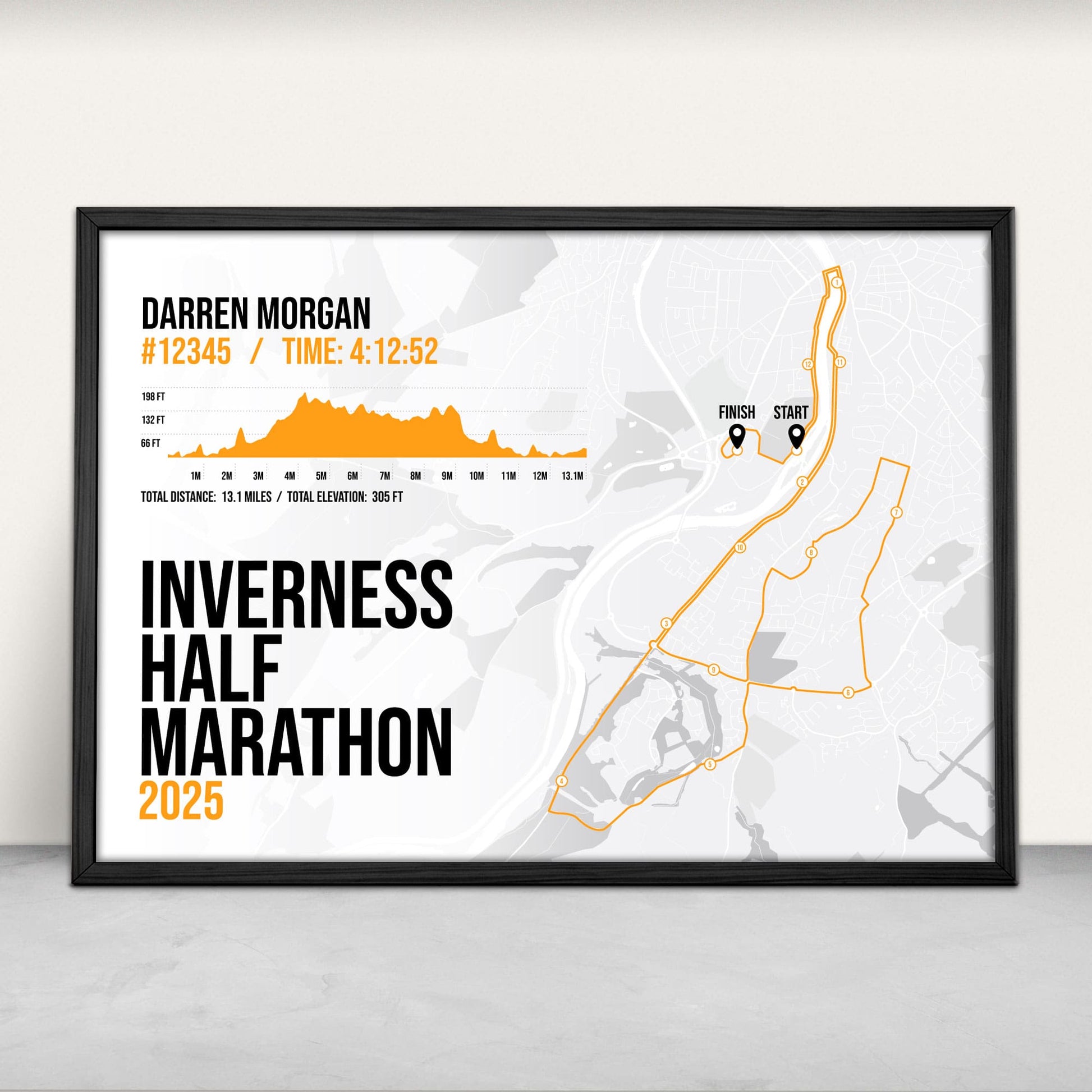 Personalised Inverness Half Marathon Art Print in orange from Purest Green Prints.
