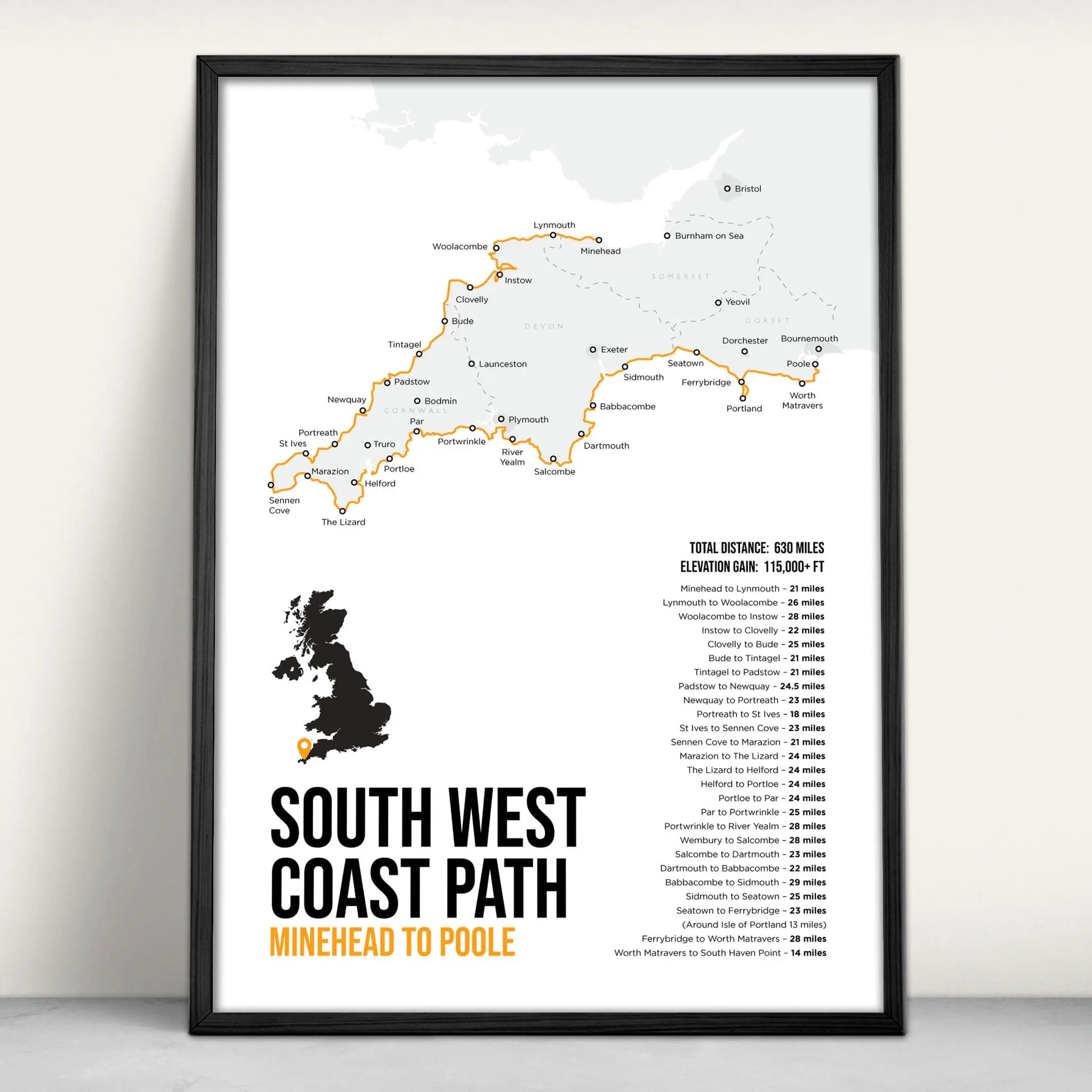 South West Coast Path National Trail Map Art Print in orange from Purest Green Prints