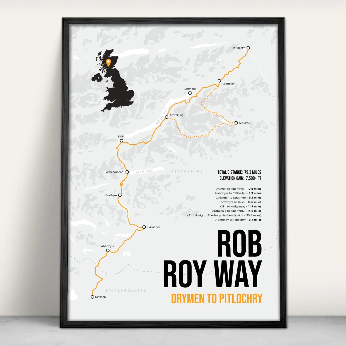 Rob Roy Way Scottish Trail Map Art Print in orange from Purest Green Prints.