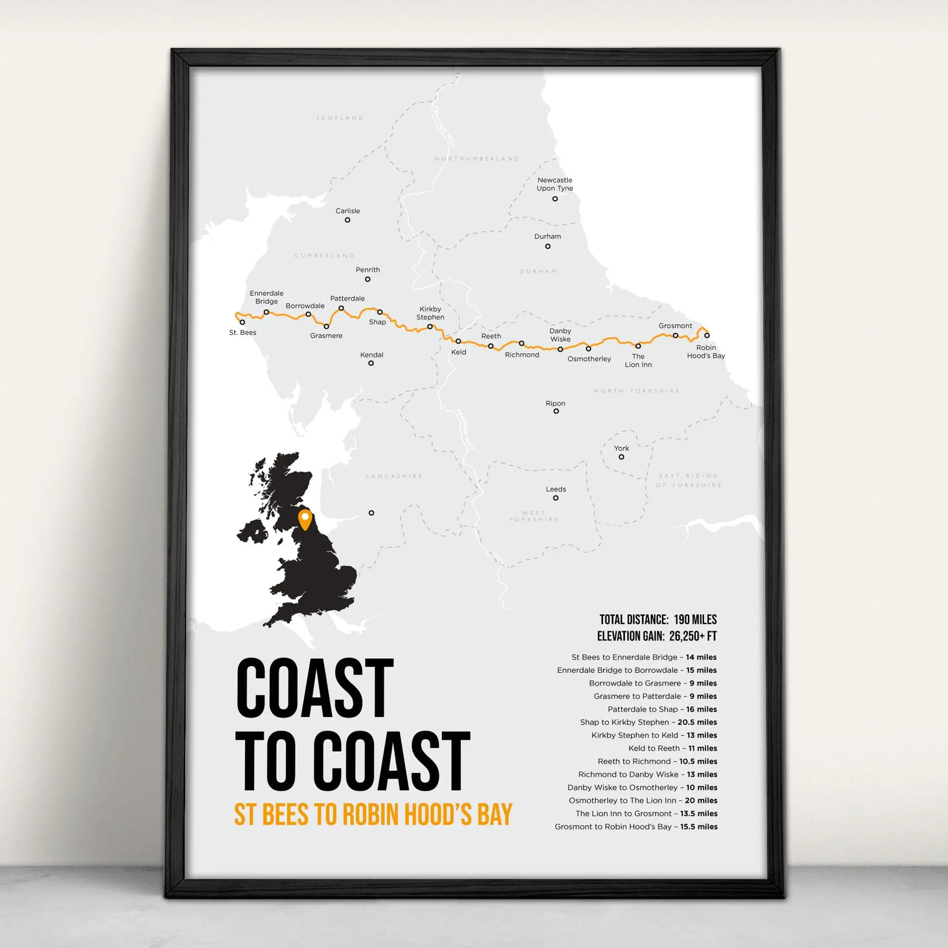 Coast to Coast National Trail Path Map Art Print in orange from Purest Green Prints