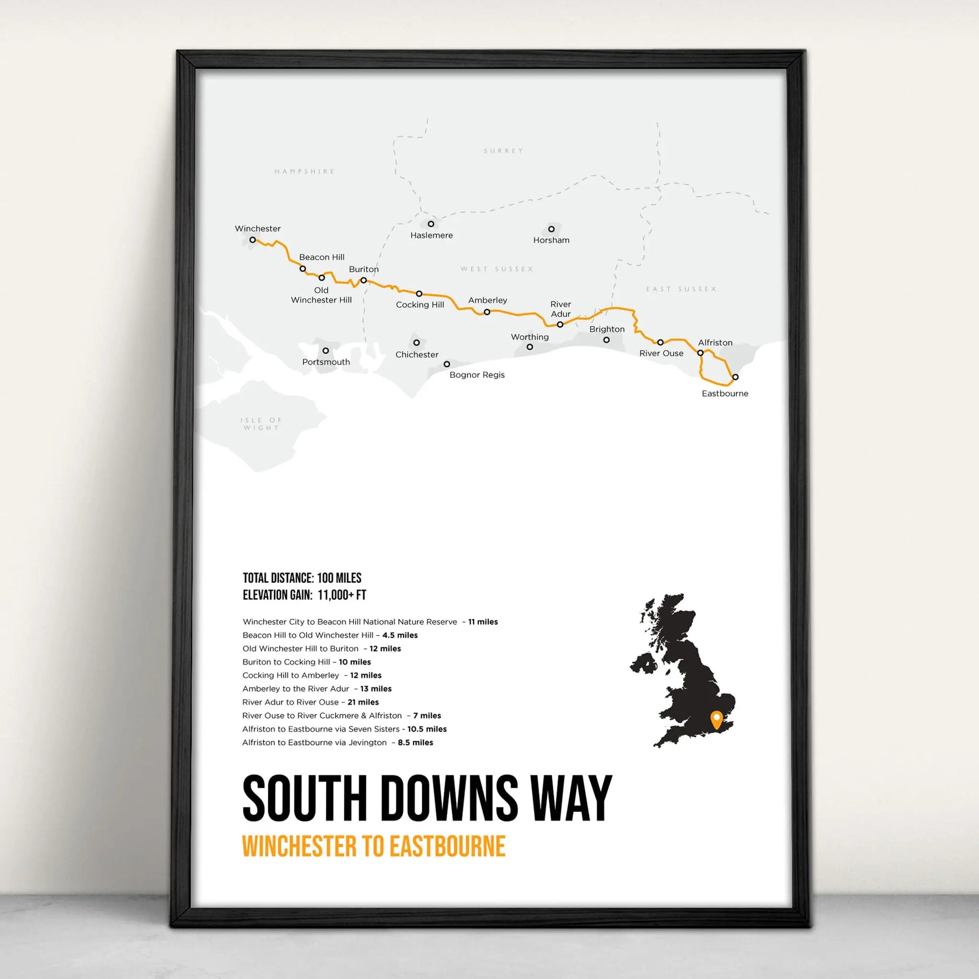 South Downs Way National Trail Map Art Print in orange from Purest Green Prints
