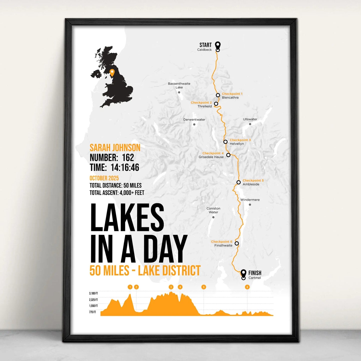 Lakes in a Day Ultra Marathon Personalised Art Print in orange from Purest Green Prints