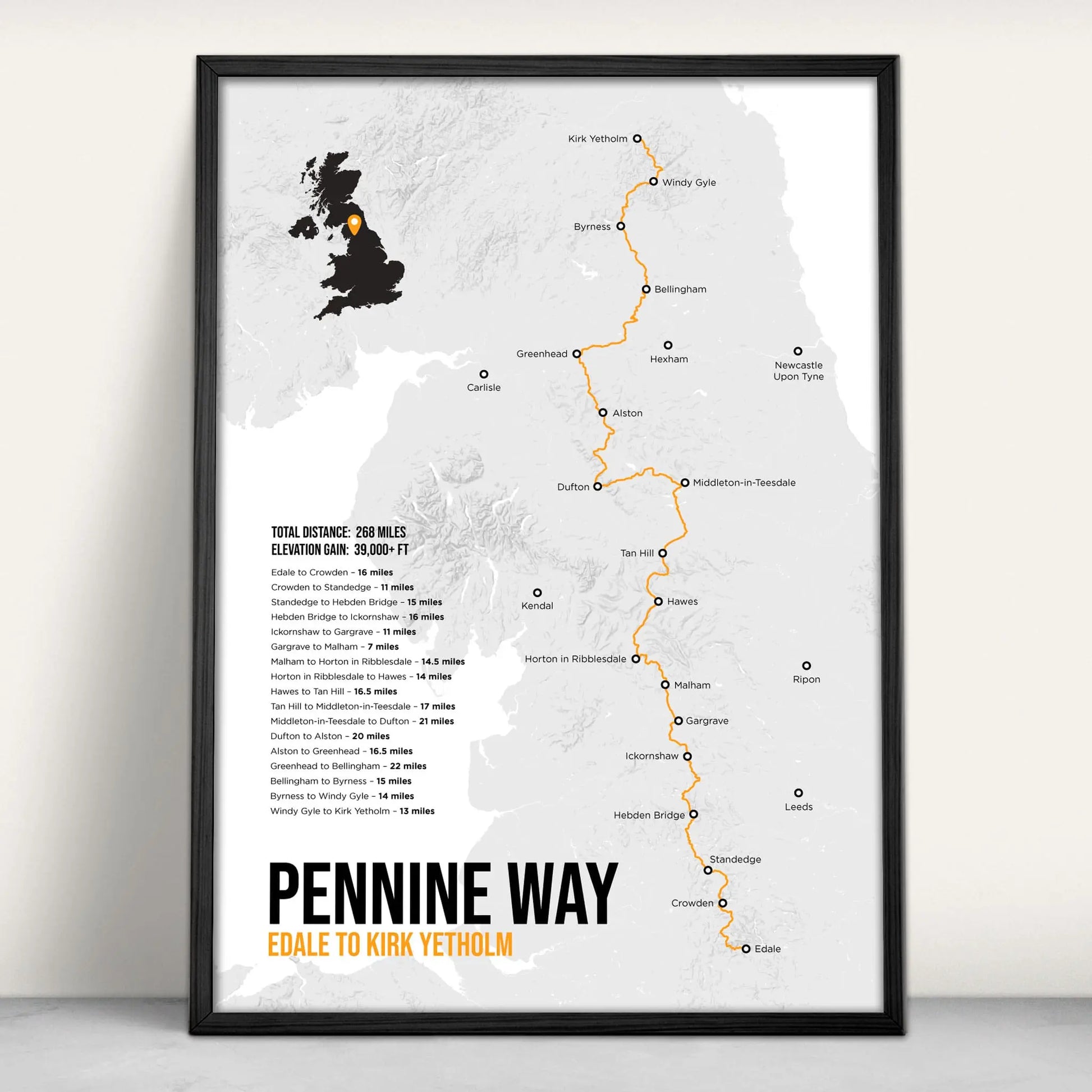 Pennine Way Personalised National Trail Map Art Print in orange from Purest Green Prints