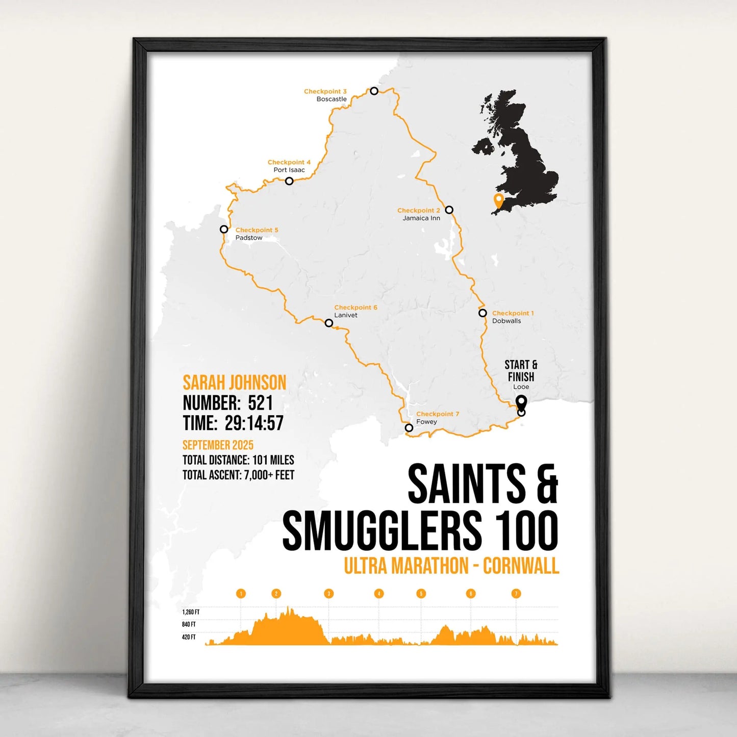 Saints and Smugglers 100 Ultra Marathon Personalised Art Print in orange from Purest Green Prints