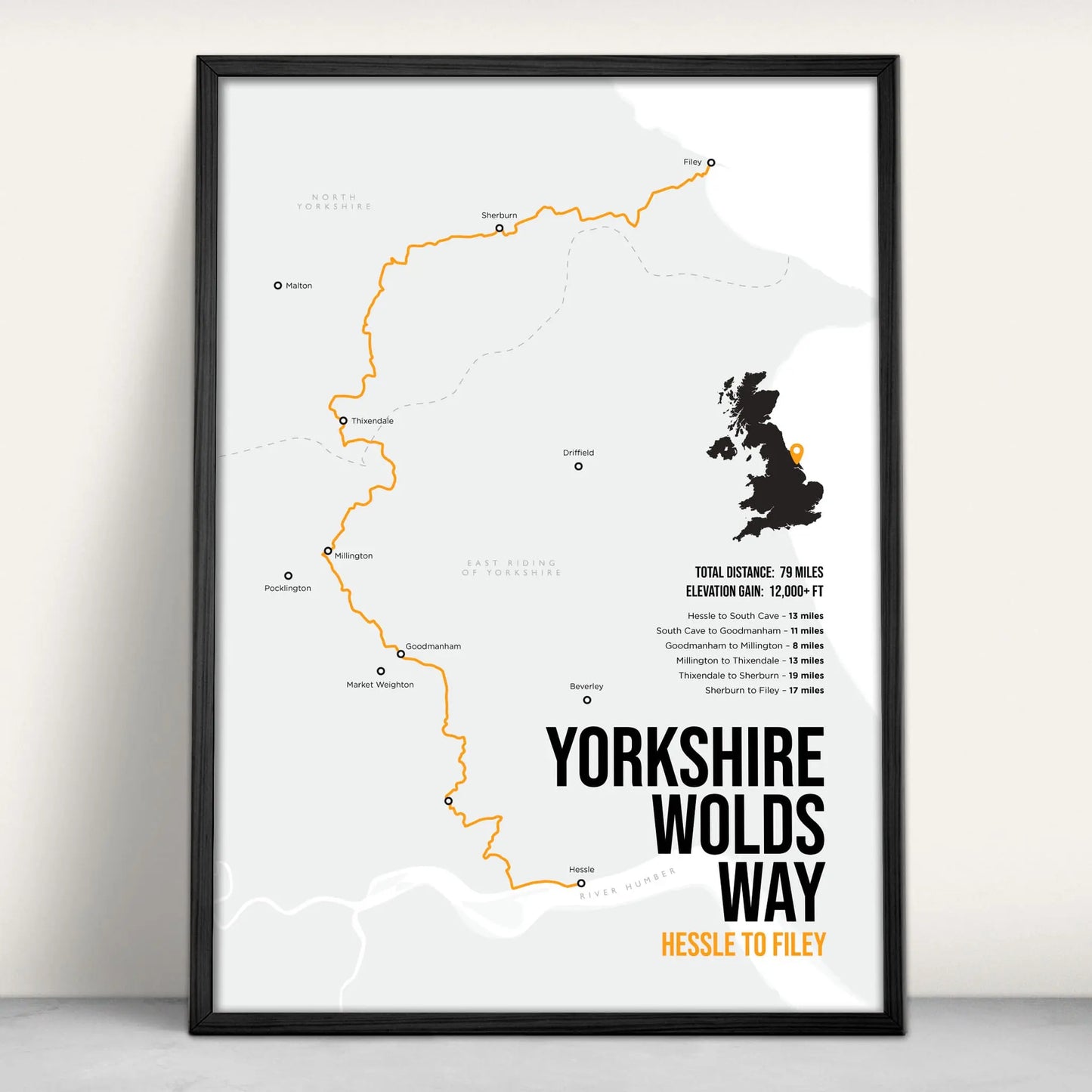 Yorkshire Wolds Way National Trail Map Art Print in orange from Purest Green Prints.