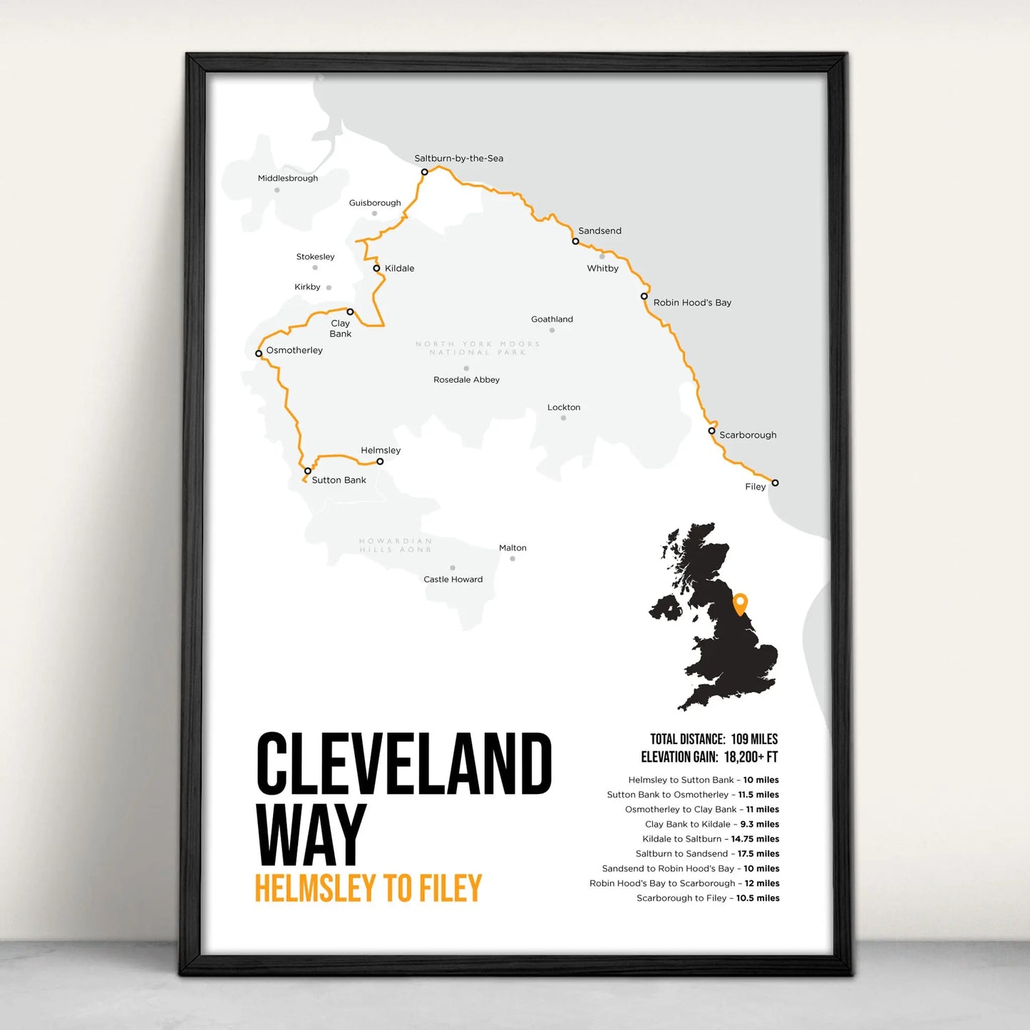 Cleveland Way National Trail Path Map Art Print in orange from Purest Green Prints