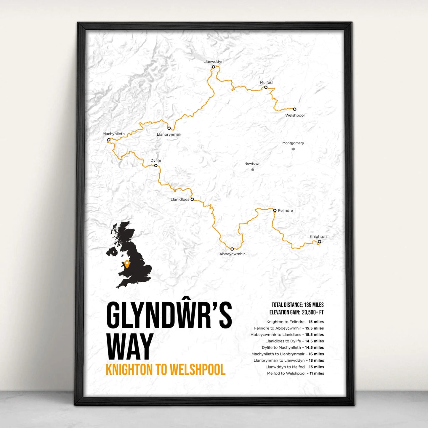 Glyndŵr's Way National Trail Map Art Print in orange from Purest Green Prints