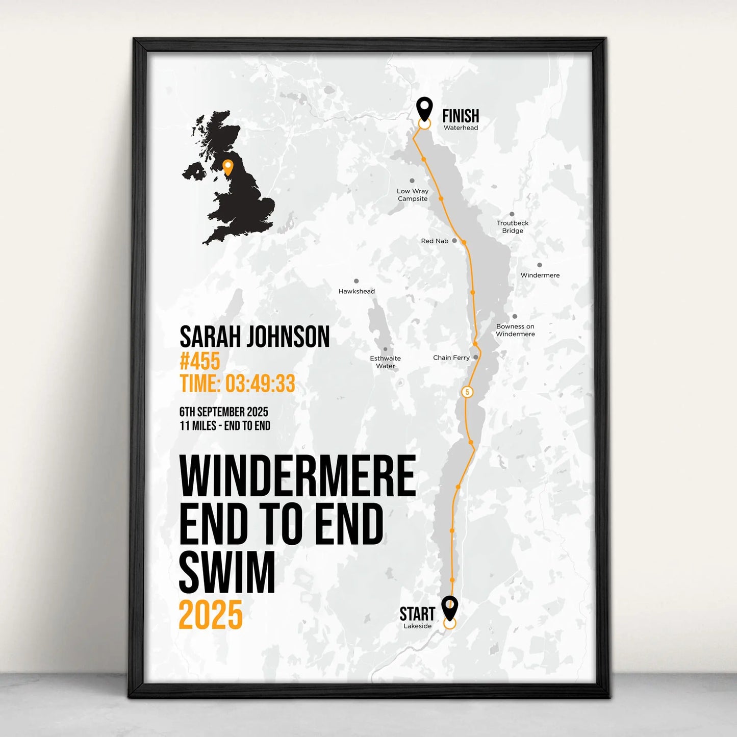 Lake Windermere end to end swim Personalised Art Print in orange from Purest Green Prints