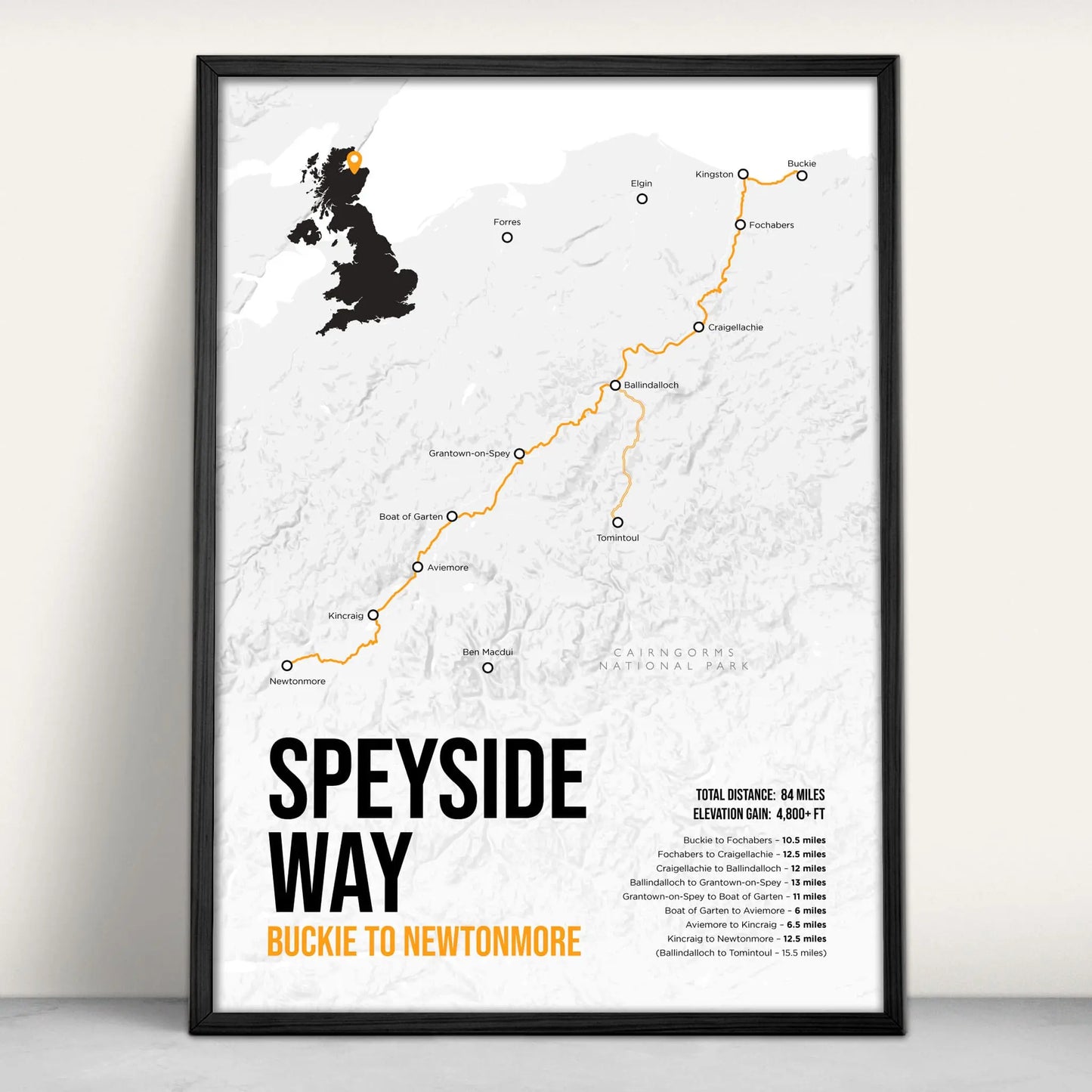Speyside Way Scottish Trail Map Art Print in orange from Purest Green Prints.