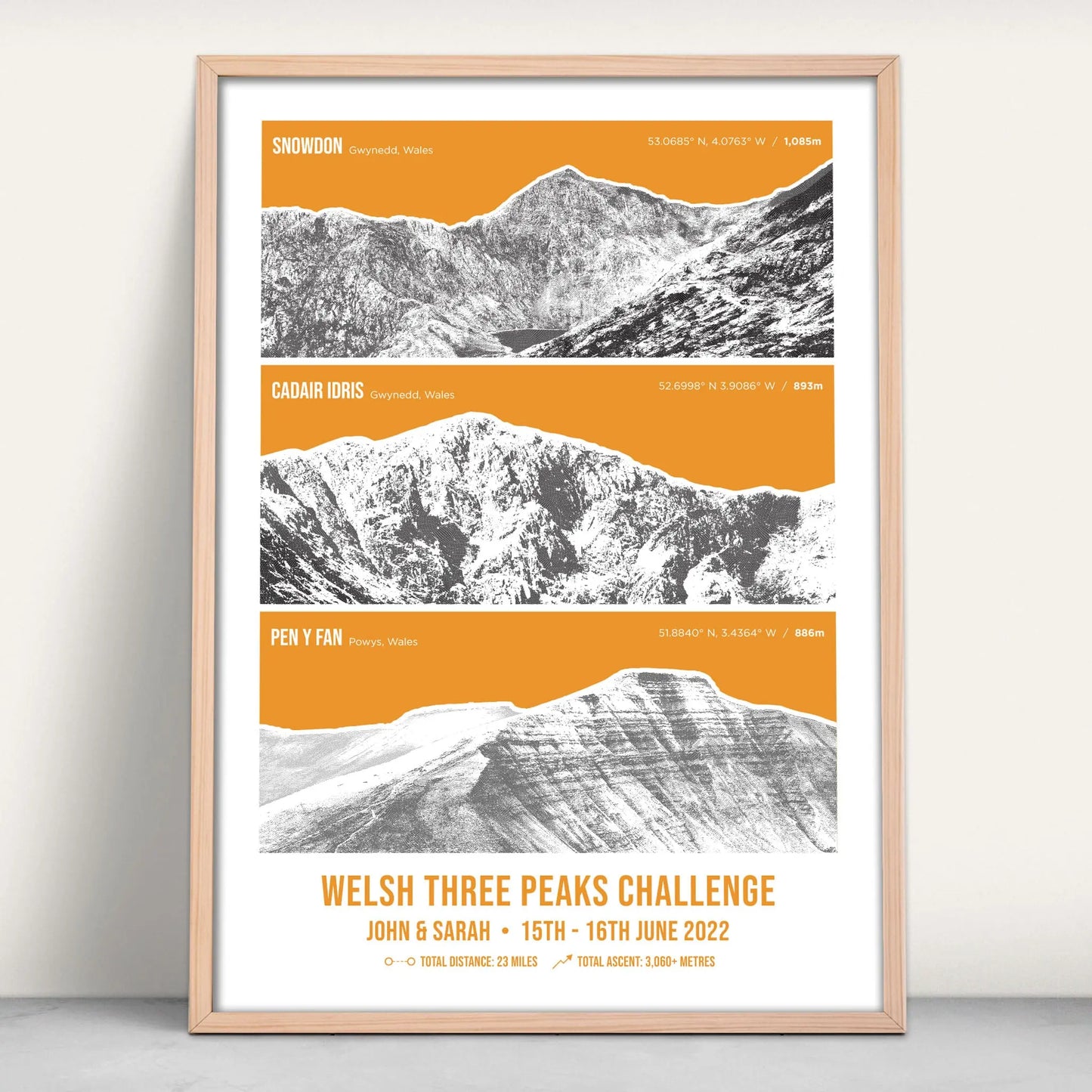 Welsh Three Peaks Challenge Personalised Art Print in orange from Purest Green Prints