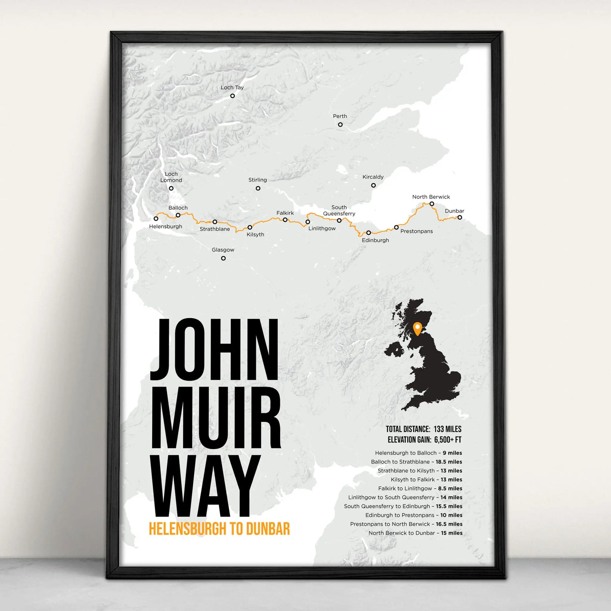John Muir Way Scottish Trail Map Art Print in orange from Purest Green Prints.